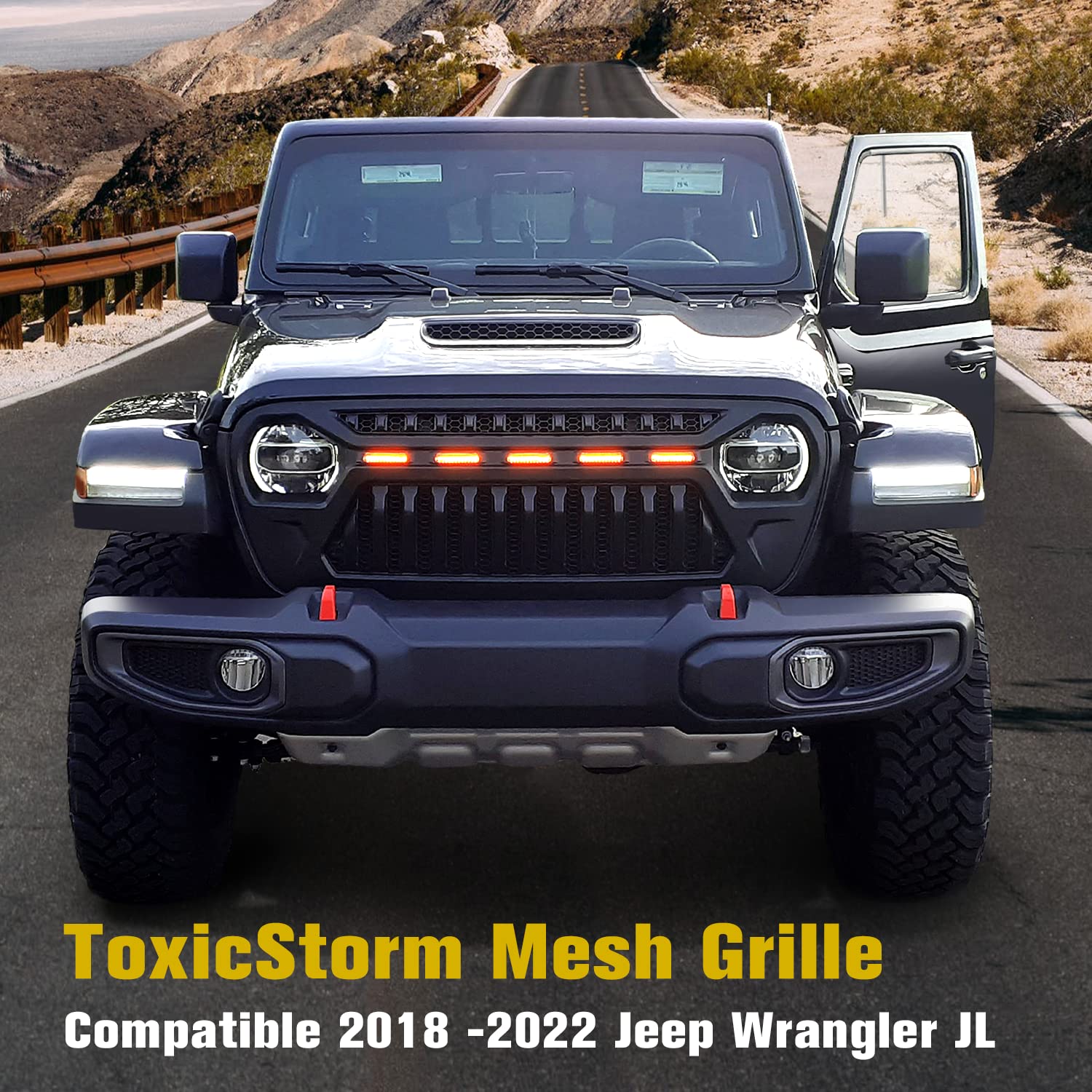 2018+ Jeep Wrangler JL/JLU & Gladiator JT Matte Black Mesh Grille Front Cover with Amber LED Running Lights | Off-Road Protection & Style Upgrade
