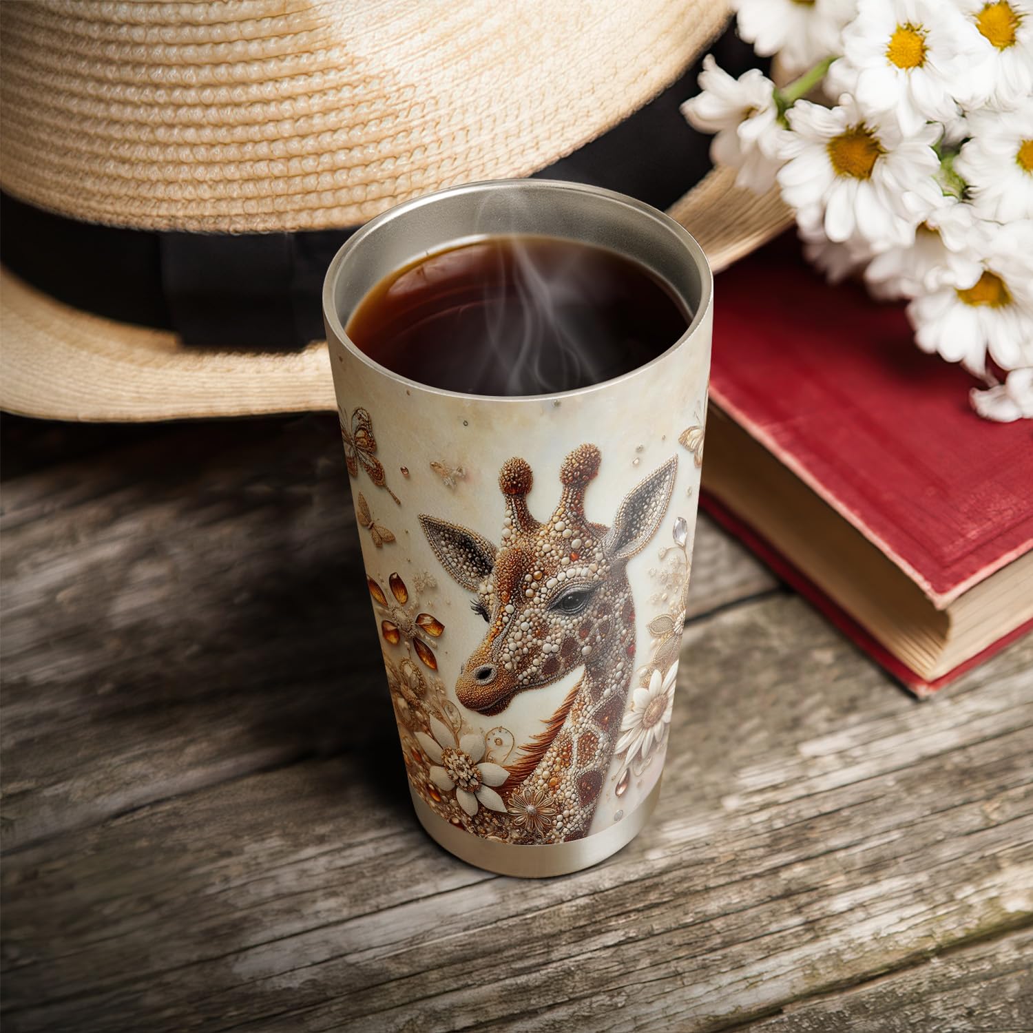 20oz Insulated Giraffe Print Tumbler Cup with Lid - Unique Valentine's Day & Birthday Gift for Women, Giraffe Lovers - Perfect Travel Coffee Mug for Office, Hiking & Commuting