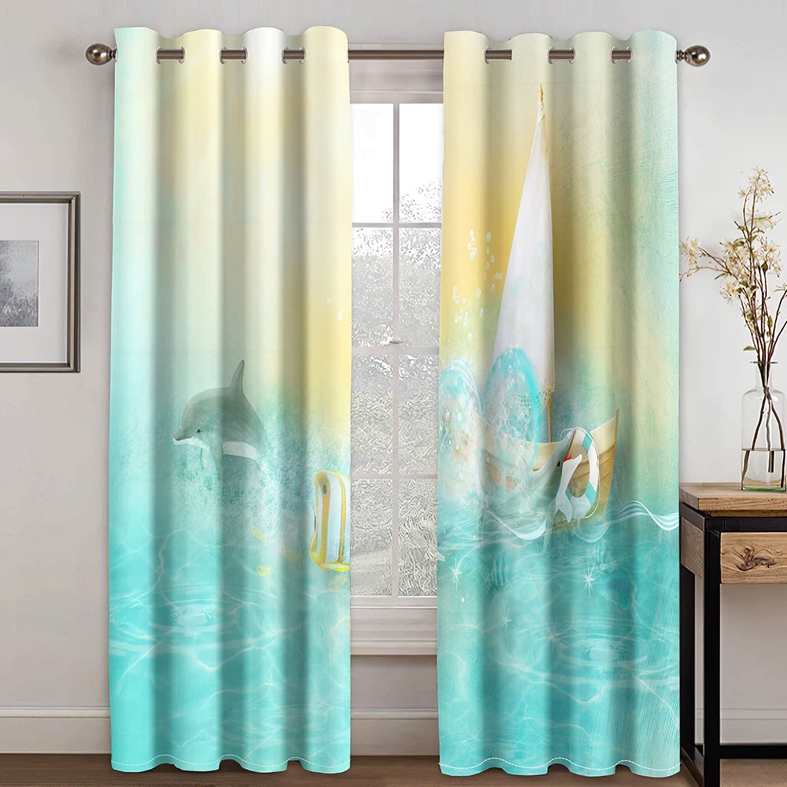 Blue Light Blocking Curtains with Dolphin & Sailboat Design - 84