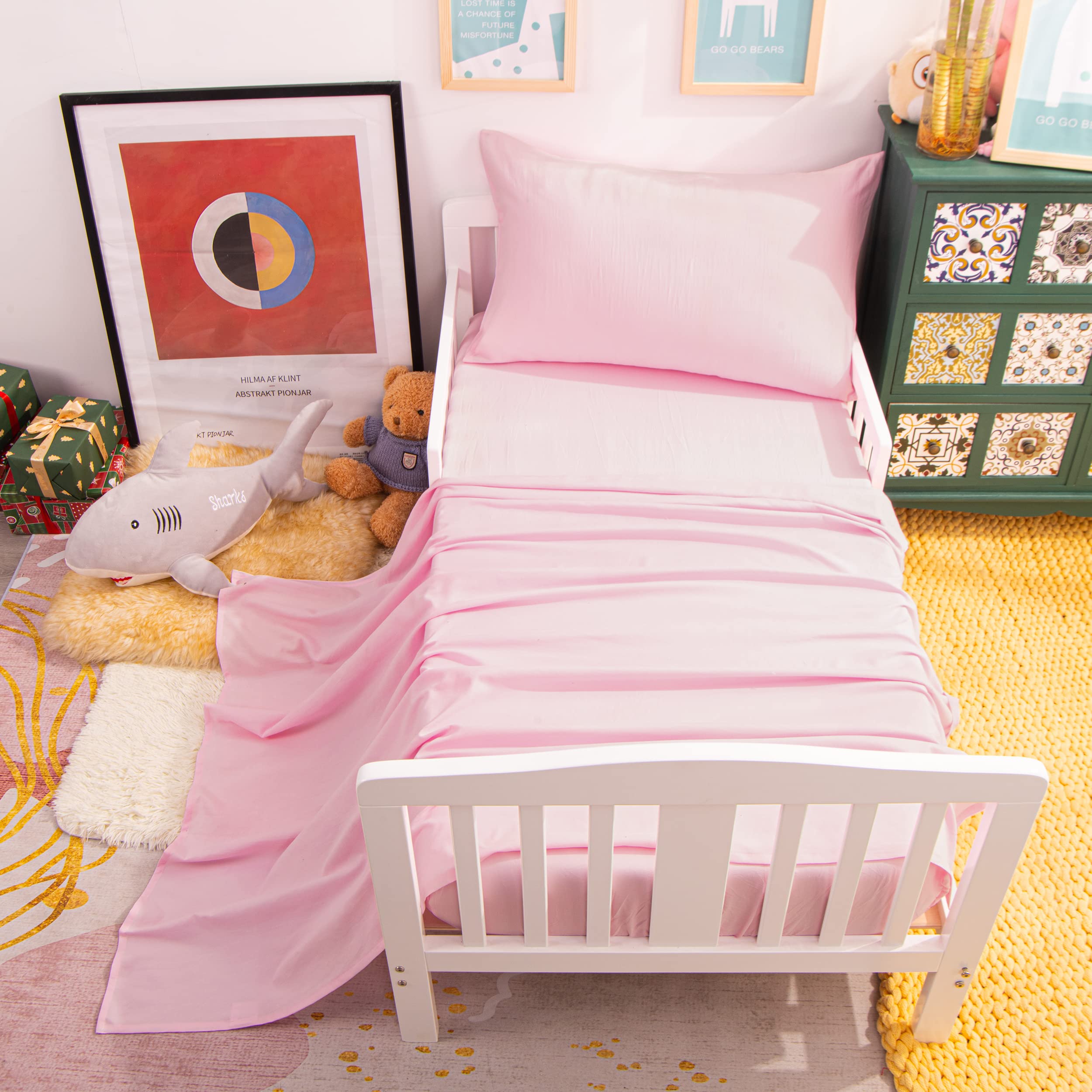NTBAY 4-Piece Toddler Bedding Set - Soft & Breathable Crib Bedding for Boys & Girls, Includes Quilted Comforter, Fitted Sheet, Flat Sheet & Pillowcase - Pink - Perfect for Nursery, Daycare & Travel