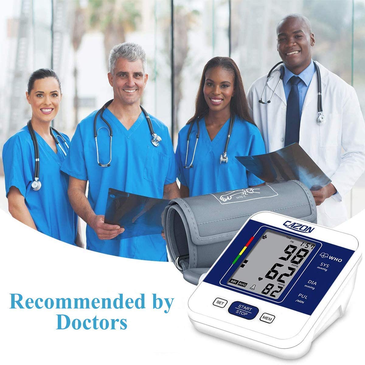 CAZON Large Cuff Blood Pressure Monitor for Home Use - Upper Arm BP Machine with 22-40cm Cuff, LCD Display & Heart Rate Tracking - Ideal for Hypertension Management & Health Monitoring (Blue)