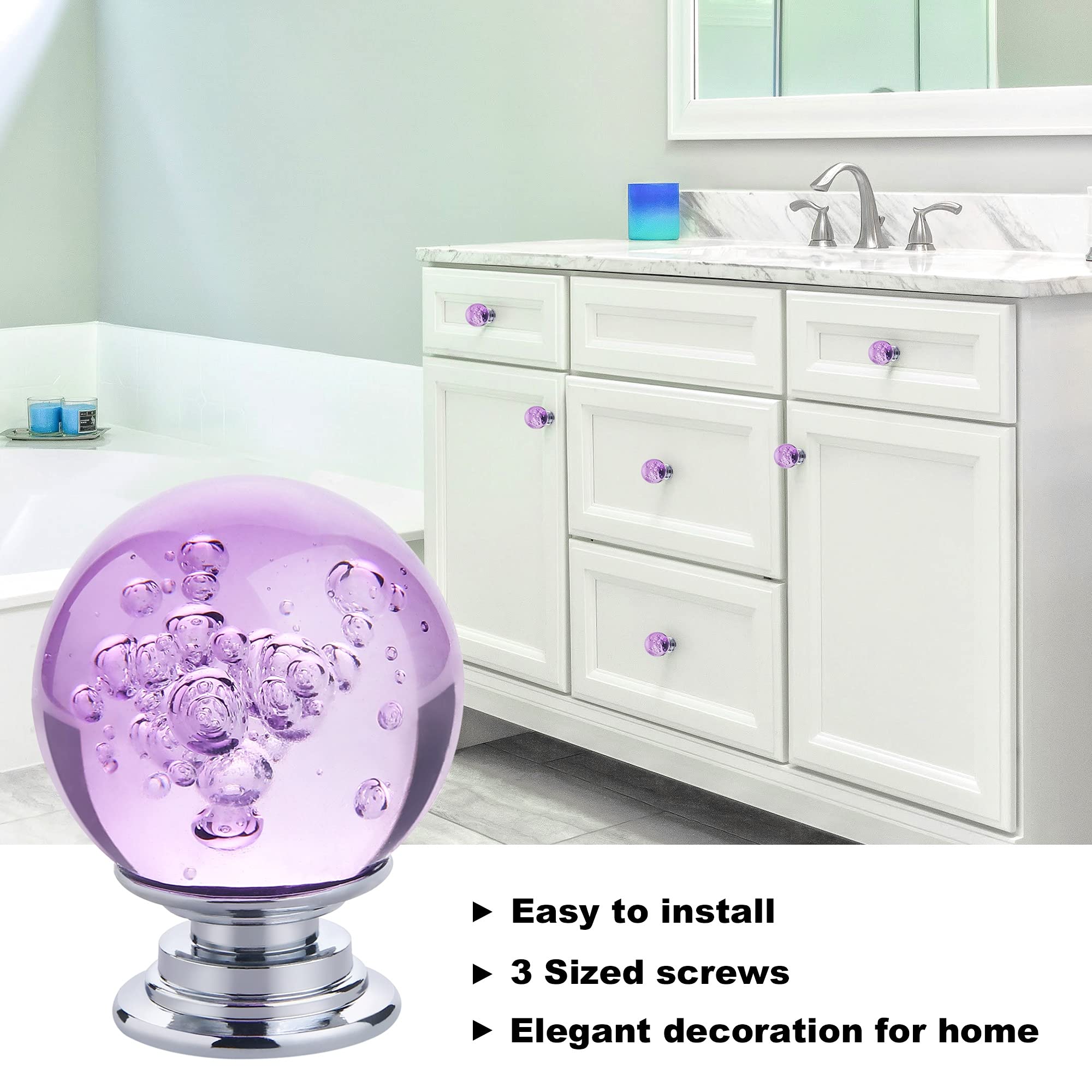 10-Pack Crystal Cabinet Knobs - Round Glass Bubbles Dresser Drawer Handles - Smooth Pulls for Home Furniture (30mm, Purple) - Includes 3 Size Screws - Perfect for Cabinets, Dressers, Nightstands & DIY Furniture Upgrades