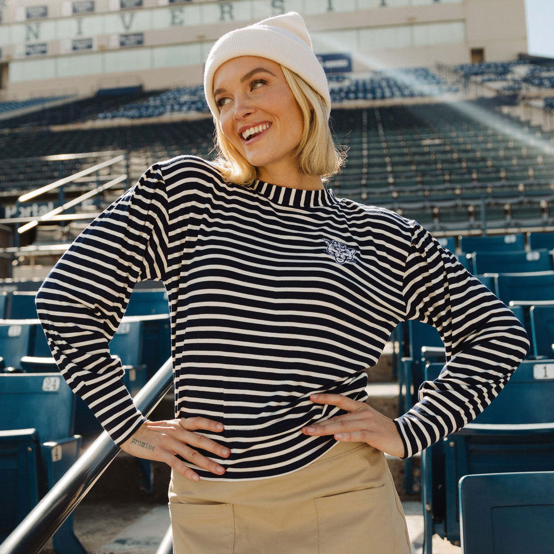 BYU Coco Long Sleeve T-Shirt for Women - Navy Blue Striped Casual Top - Perfect for Work, Travel and Everyday Wear