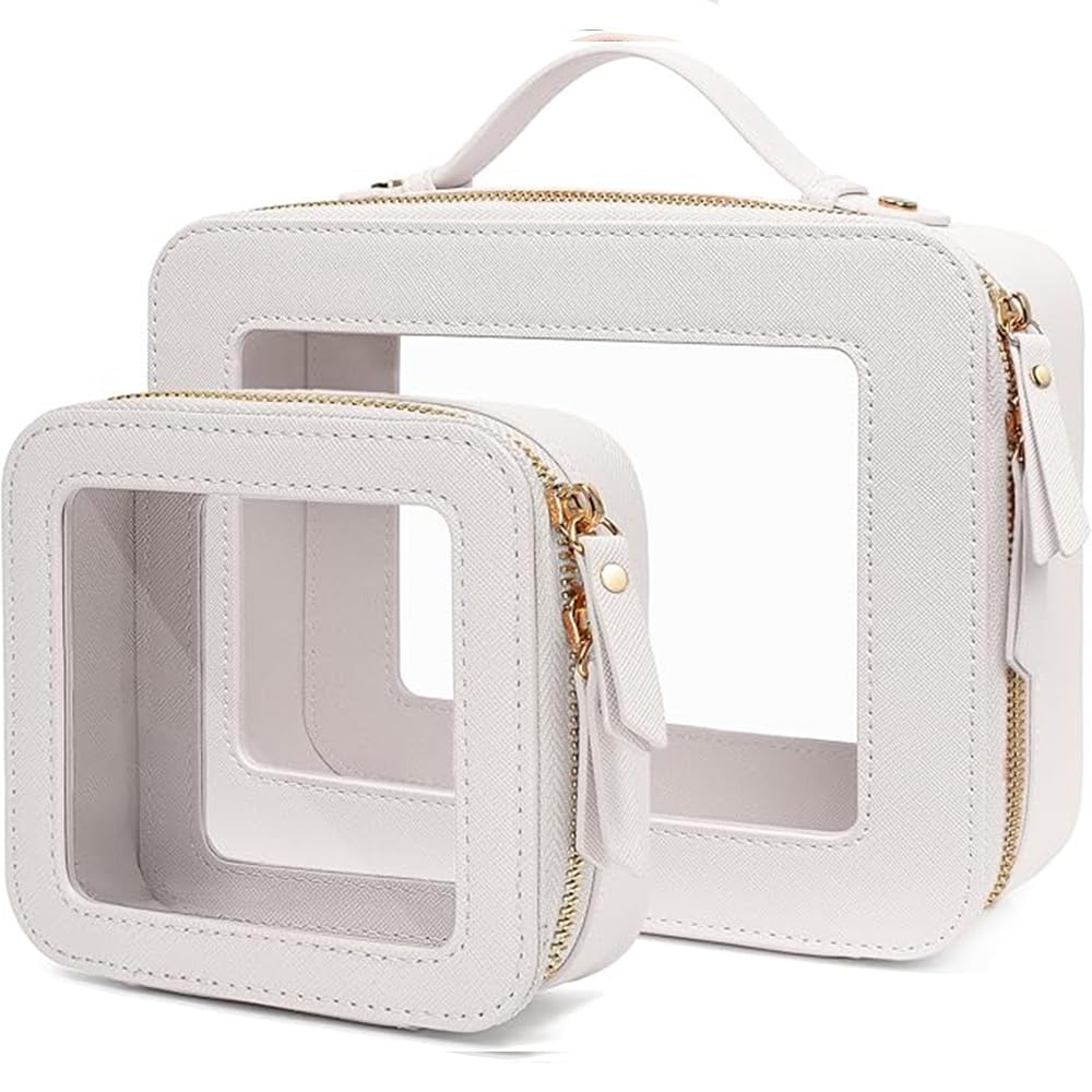 Clear Travel Makeup Bag - TSA Approved Vegan Leather Organizer for Women, Perfect for Toiletries & Cosmetics on the Go