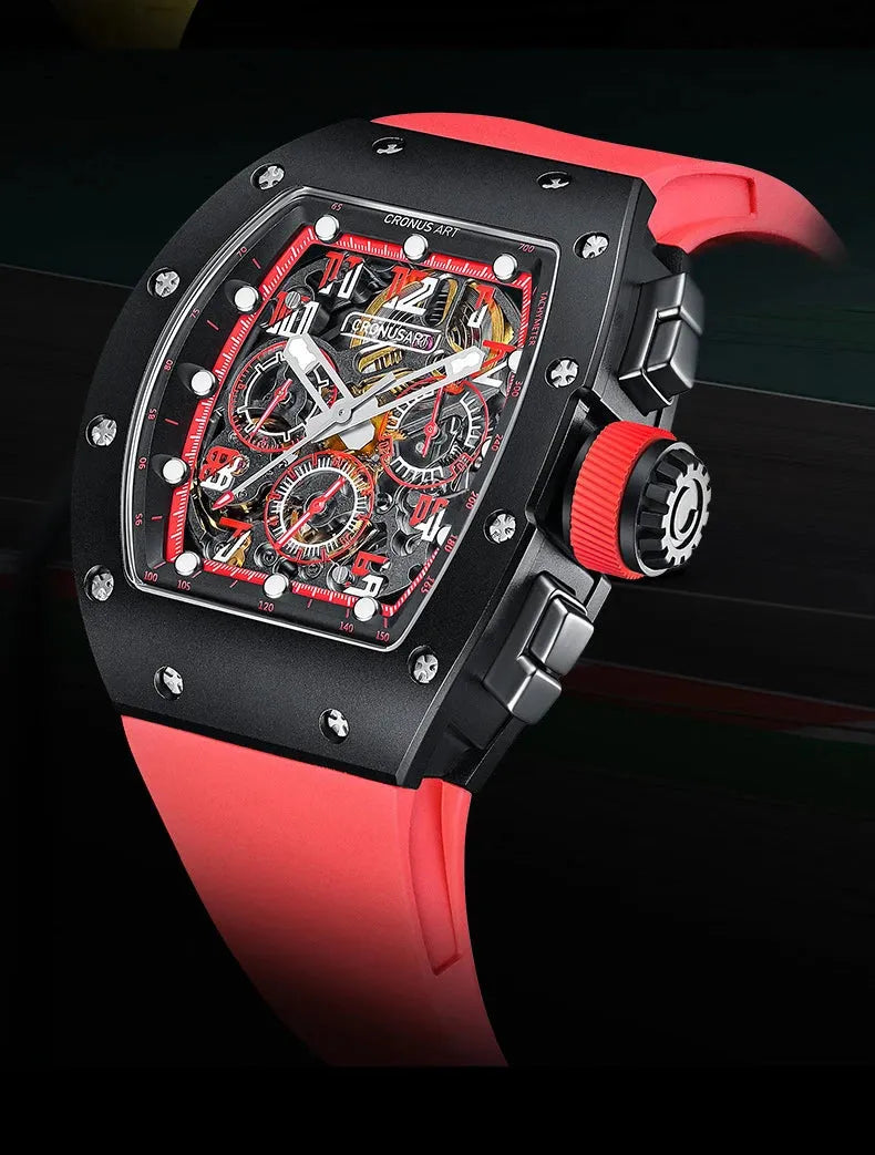 CRONUSART Men's Chronograph Watch - 50mm Tonneau Automatic Mechanical Wristwatch with Luminous Sapphire & Fluororubber Strap - 3 Windows Display - Perfect for Business, Casual & Outdoor Activities