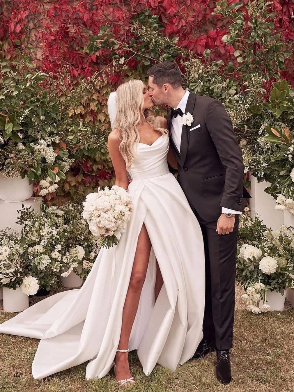 Strapless Satin Prom Dress Long Ruched Ball Gown for Women | Elegant Wedding Dress for Bride 2022 | Formal Evening Gown with High Slit | Perfect for Prom, Homecoming, Bridal Shower & Black Tie Events