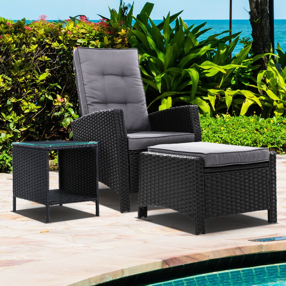 3 Piece Elise Outdoor Recliner Chair Set with Ottoman and Side Table - Patio Furniture for Backyard, Poolside, Garden Relaxation - Black