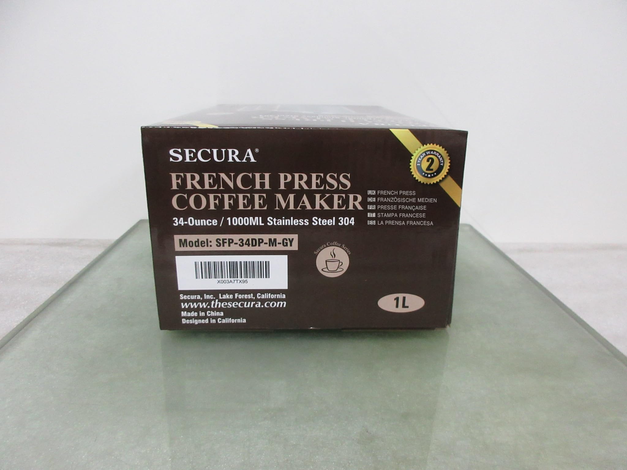Secura 34oz (1L) Stainless Steel French Press Coffee Maker - 304 Grade Insulated Coffee Press with 2 Extra Screens, Grey - Perfect for Home, Office & Camping Brewing