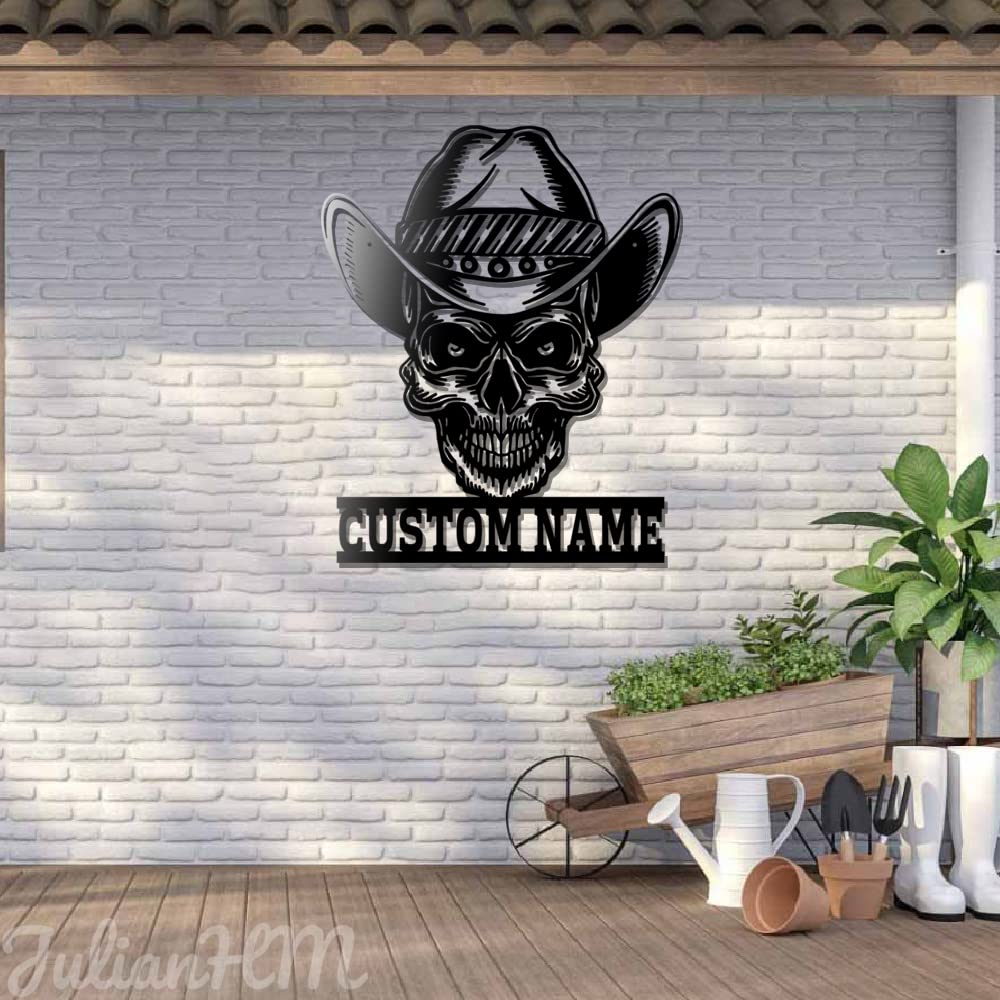 Custom Cowboy Skull LED Metal Wall Art - Personalized Name Sign for Home Decor, Western Theme Gift for Men, Father's Day Present (16x16 Inches, No Lights) - Perfect for Man Cave, Bar, Ranch, or Western-Themed Room Decoration