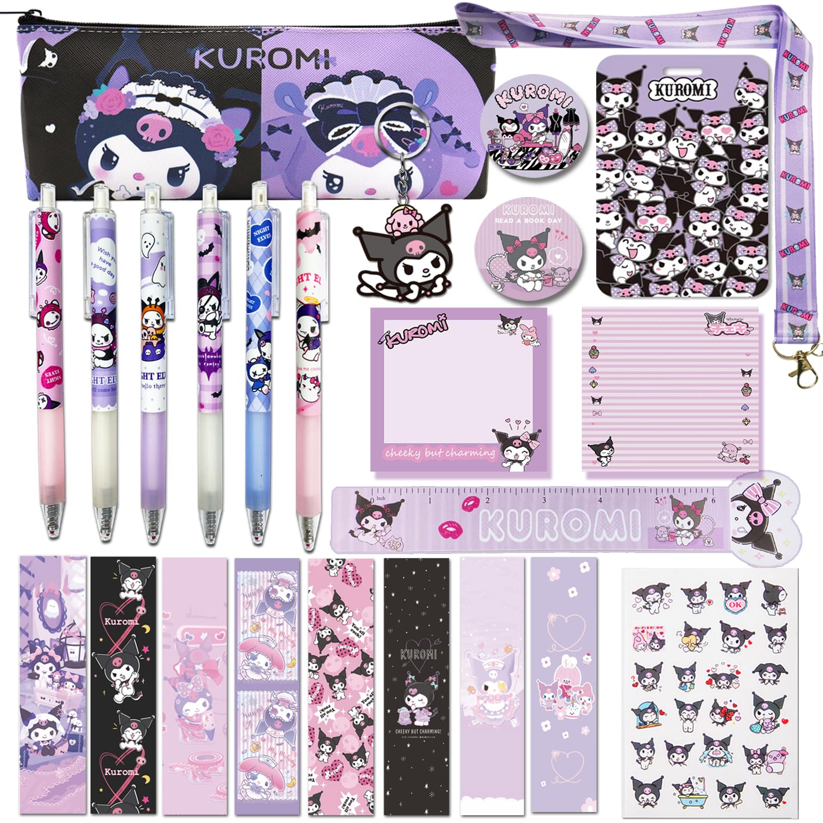 Cute Cartoon Stationery Set - Bookmarks, Pens, Card Holders, Lanyard, Sticky Notes, Ruler, Stickers, Button Badges & Keychains | Perfect for School, Office, Gifts & Kawaii Lovers