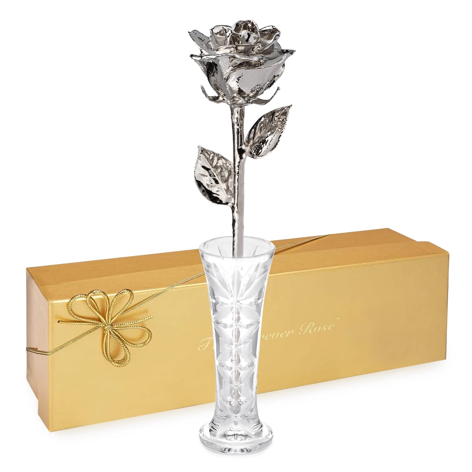 Platinum Dipped Forever Rose in Clear Glass Bud Vase - Genuine Handcrafted Eternal Flower | Unique Romantic Gift for Anniversary, Valentine's Day & Wedding | Perfect for Home Decor, Table Centerpiece & Luxury Gift Giving