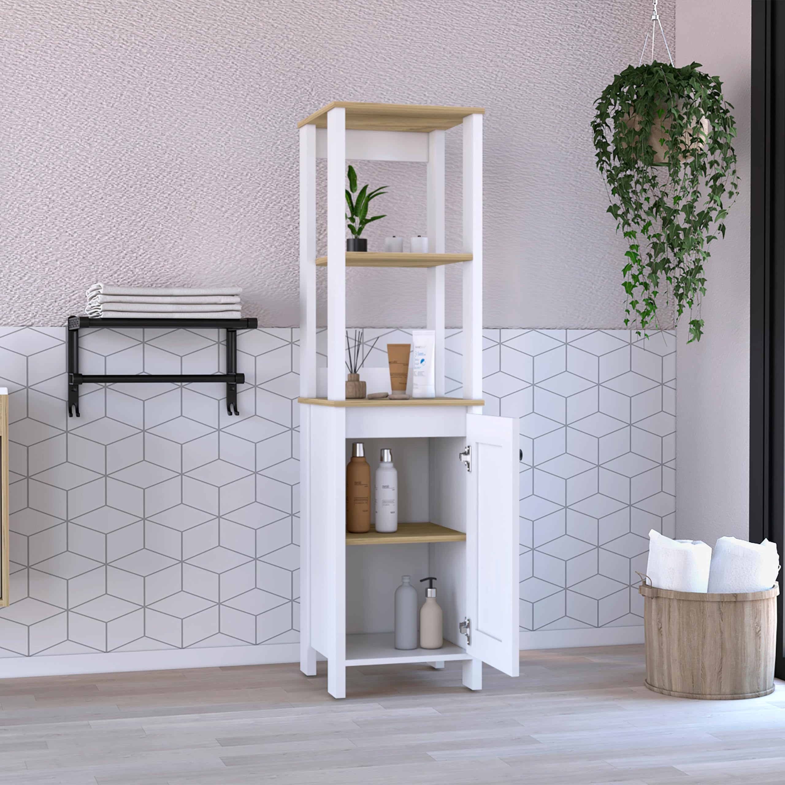 Tuhome St. Clair Linen Cabinet with 2 Interior Shelves & 2 Open Shelves - Light Oak/White Finish - Perfect for Bathroom, Bedroom or Hallway Storage Organization