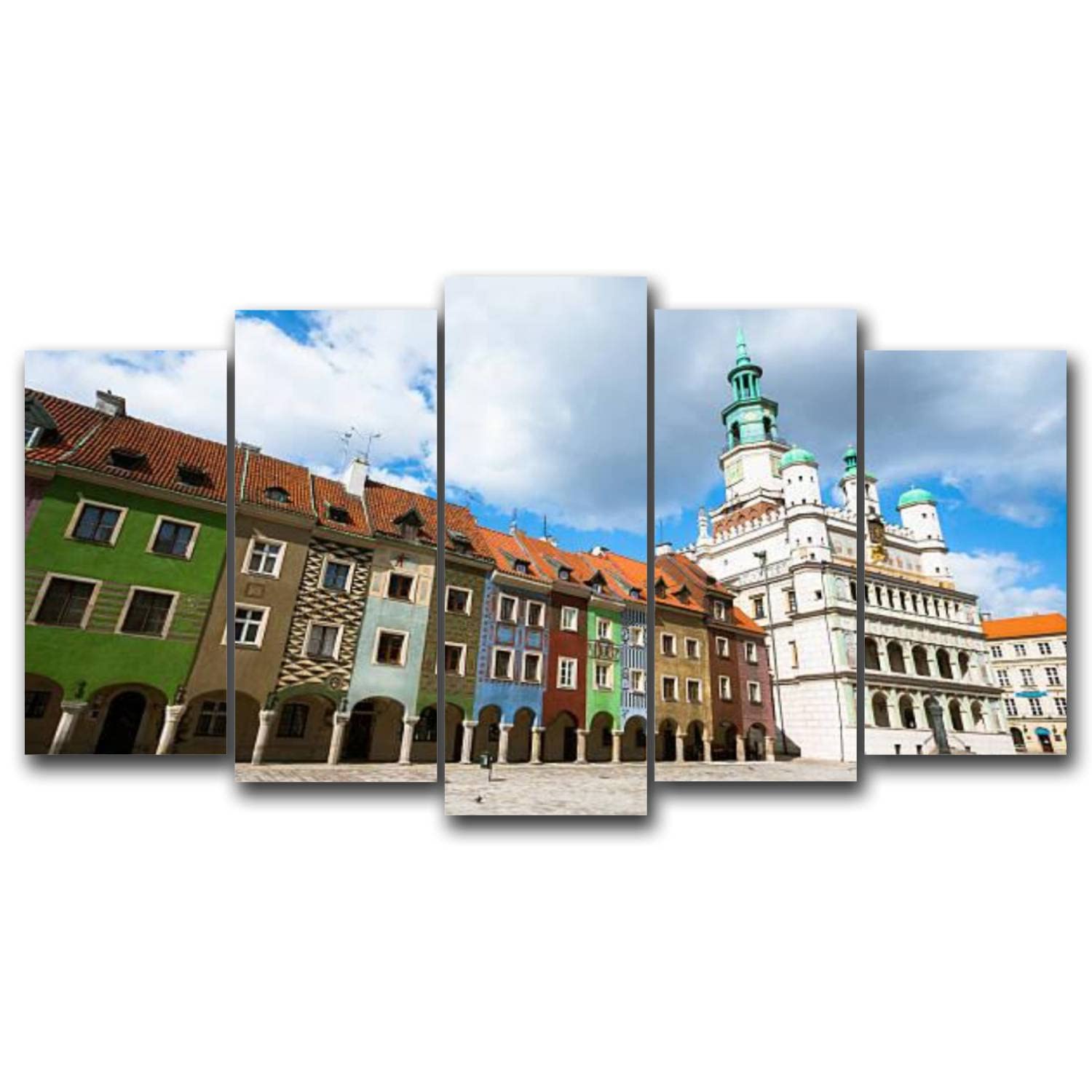5 Piece Canvas Wall Art Set - Framed City Square in Poznan Painting, Stretched & Ready to Hang Home Decor (32