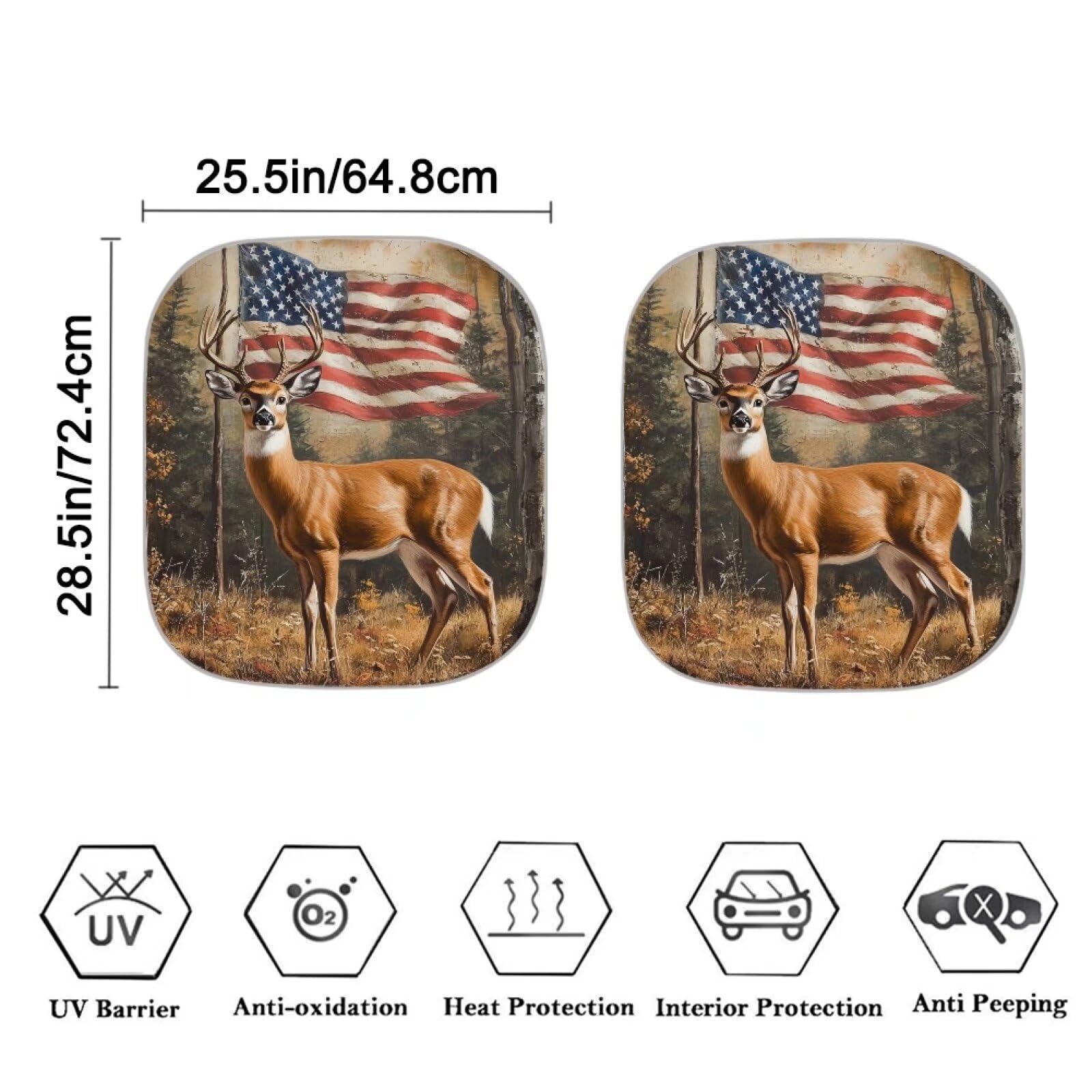 Universal Fit American Flag Deer Windshield Sun Shade - Reflective Fabric Blocks UV Rays & Keeps Car Cool - Foldable Sun Shield for Cars, Trucks & SUVs - Perfect for Summer, Road Trips & Outdoor Parking