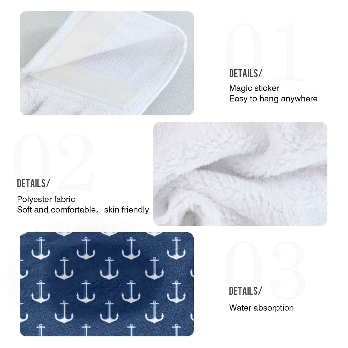 Nautical Blue and White Anchor Kitchen Towels Set of 2 - Soft Coral Velvet Absorbent Dish Towels with Hanging Loops - Perfect for Kitchen, Bathroom, and Summer Beach House Decor