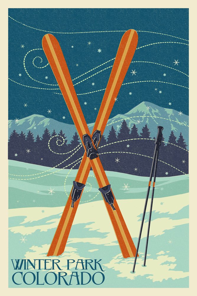 Winter Park Colorado Crossed Skis Letterpress Art Print - 24x36 Signed Wall Decor Poster | Ski Resort Home Decor & Mountain Cabin Artwork