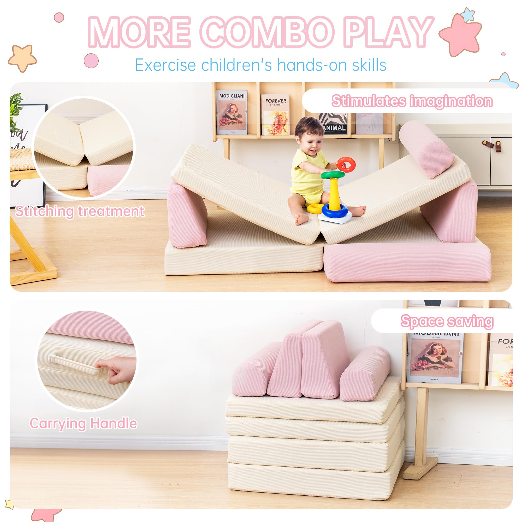 Modular Kids Play Couch - 5 Second Instant Expansion Corduroy Sofa for Playroom (Pink & Beige) - Perfect for Indoor Playtime, Reading Nook & Toddler Relaxation