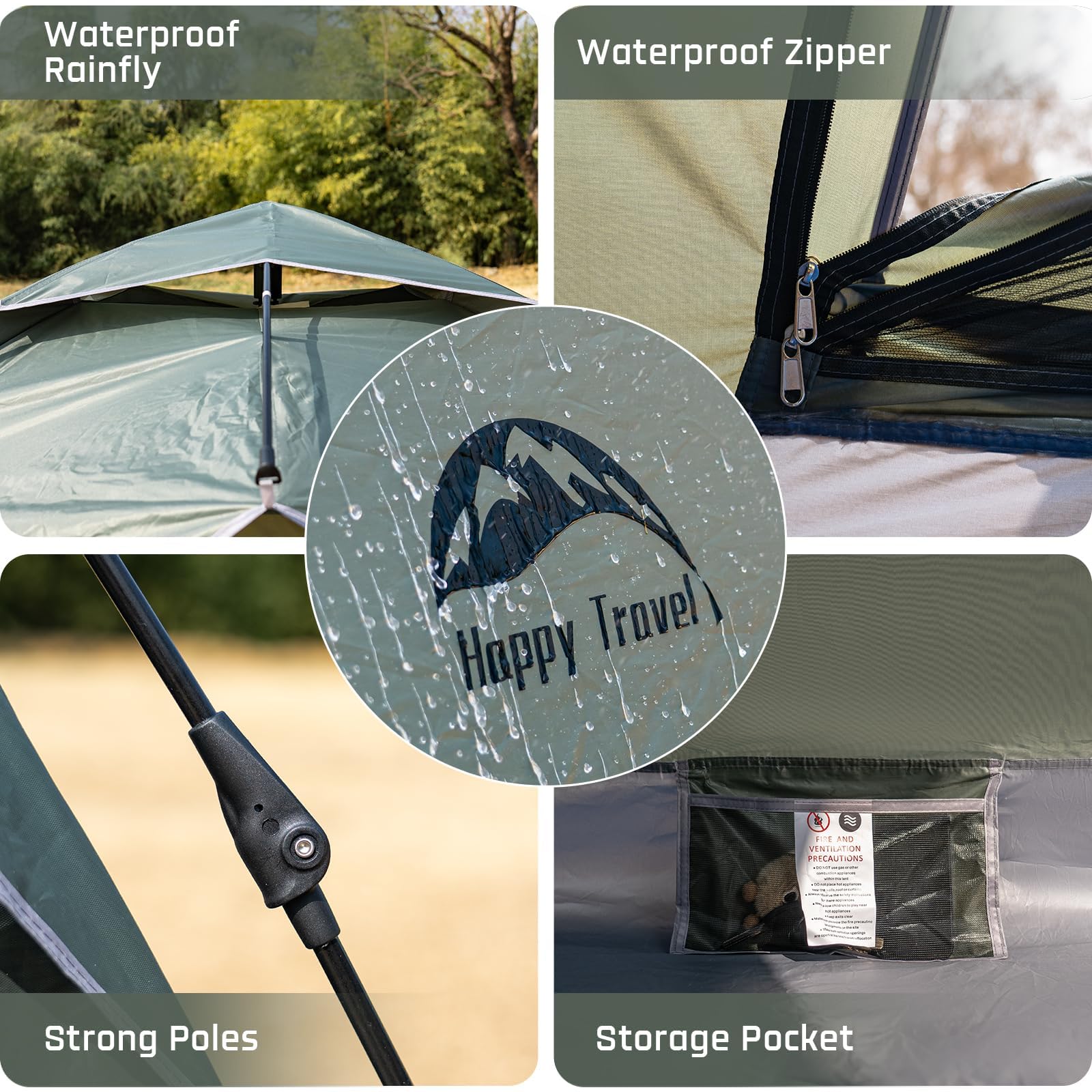 Happy Travel 1/2/3/4 Person Instant Pop Up Camping Tent - Waterproof, Windproof & Easy Setup Dome Tent for Family Camping, Hiking, Backpacking & Outdoor Adventures - Perfect for Beach, Picnics & Festivals