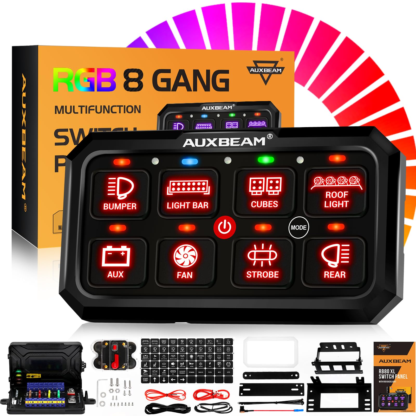 Auxbeam RGB 8 Gang Switch Panel 5.3 Inch RB80 XL - Waterproof Offroad Marine Toggle Switch Pod with Momentary/Pulsed Function & Backlight for Trucks, ATV, Boats - Durable Relay System Box with 2 Year Warranty | Perfect for Off-Roading, Marine Applications & Vehicle Customization