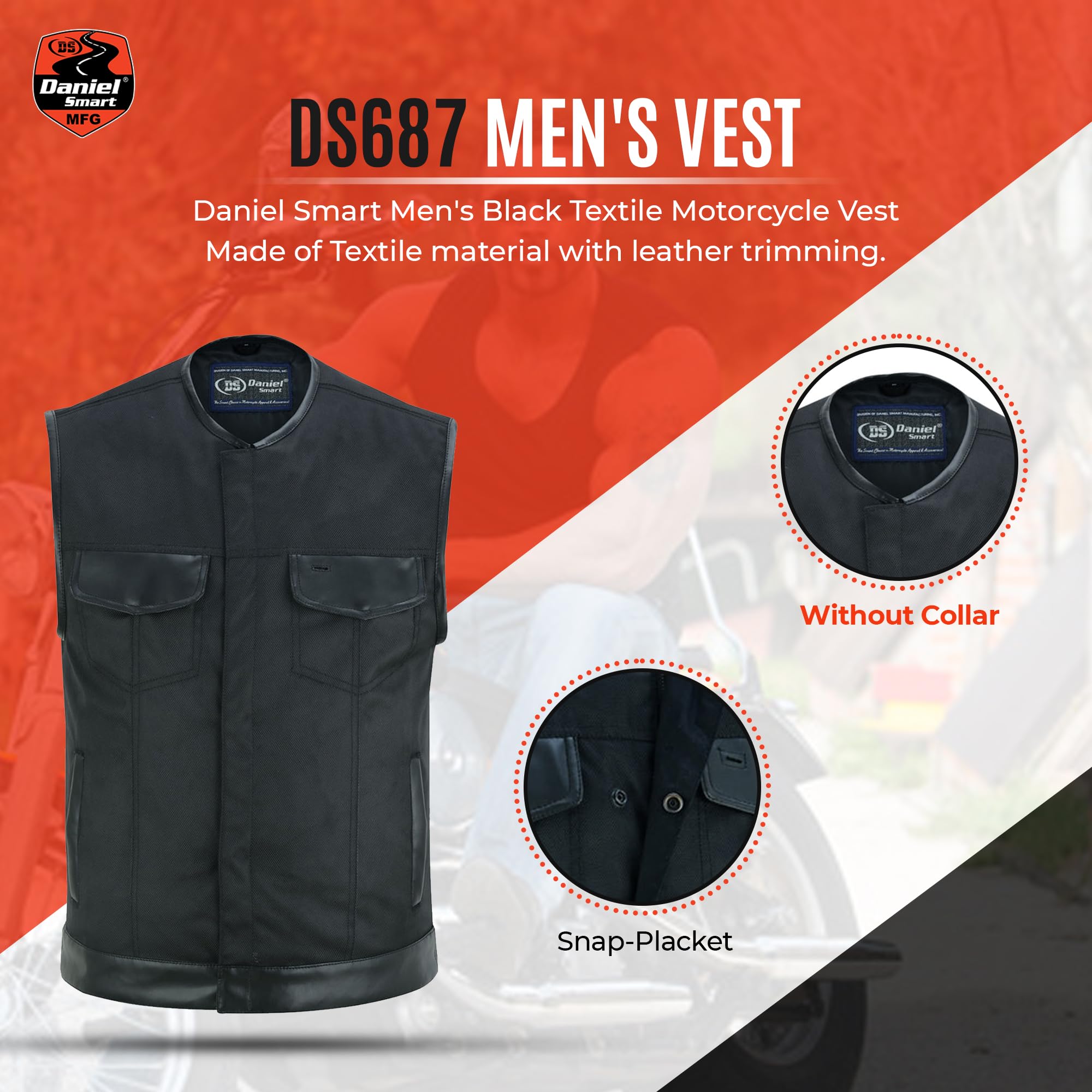 Daniel Smart Men’s Motorcycle Vest - Black Textile with Leather Trim, Concealed Armory Pocket | Stylish & Protective Riding Gear for Bikers & Outdoor Enthusiasts