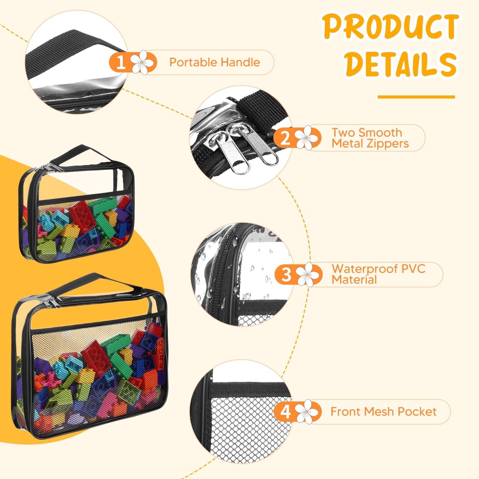 8 Pack Reusable Clear PVC Toy Storage Bags with Zipper - Waterproof Travel Organizer for Building Blocks, LEGO Bricks, Puzzles & Books | Portable Handle for Easy Carrying | Perfect for Kids Room, Playroom & Travel Organization