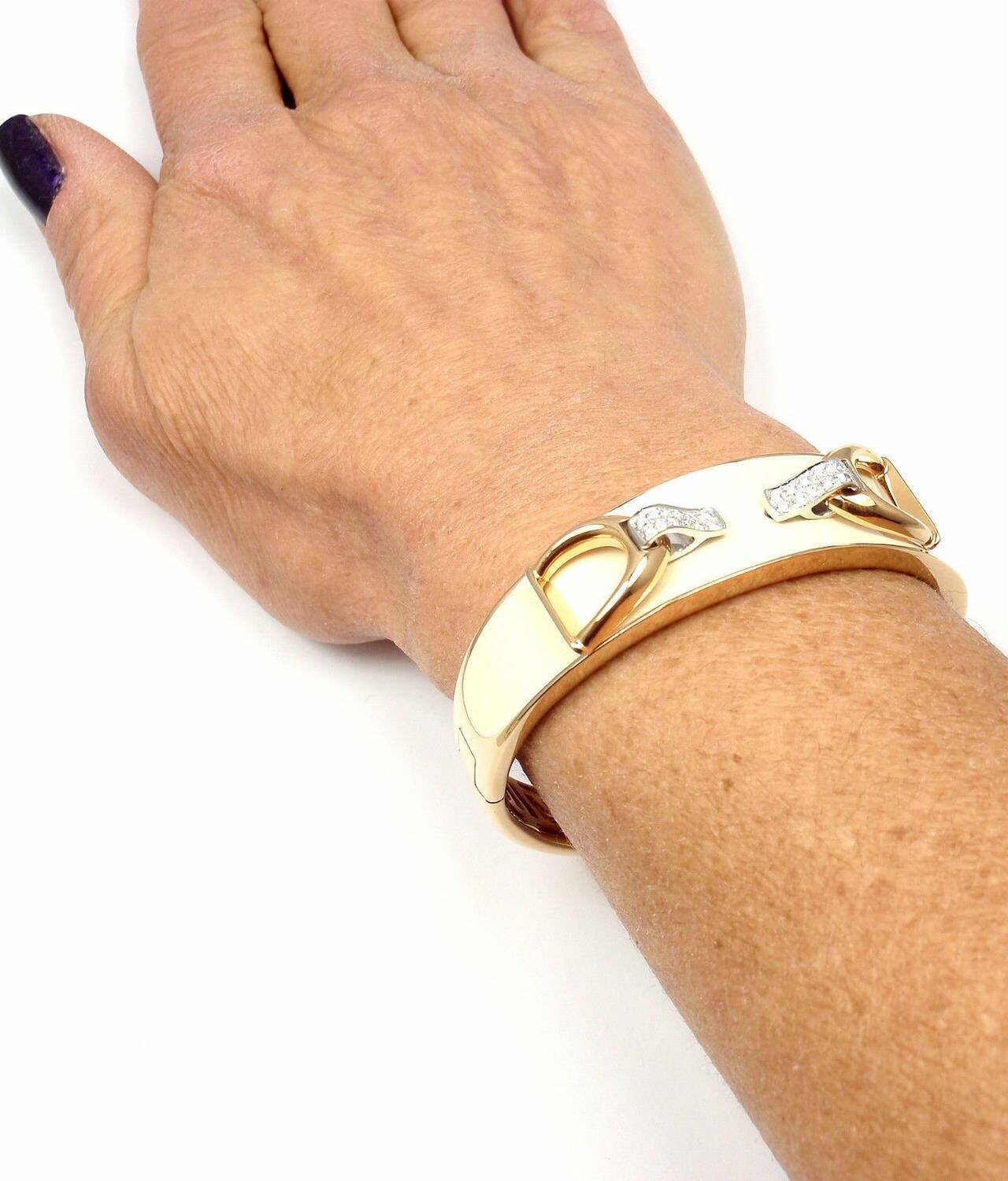 Authentic Roberto Coin Cheval Stirrup 18k Gold Diamond Enamel Bangle Bracelet for Women - Luxury Italian Jewelry Gift for Anniversary, Birthday & Special Occasions