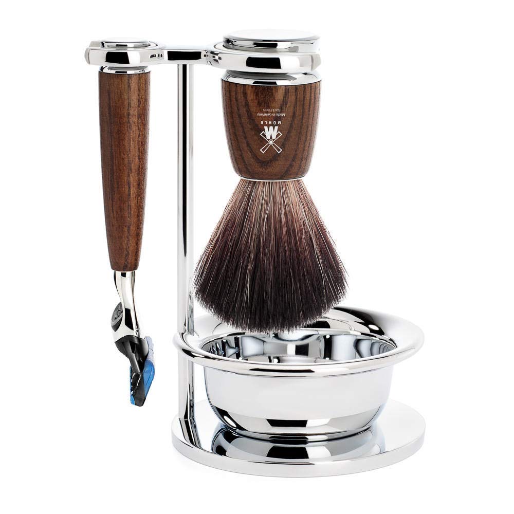 Premium MÜHLE RYTMO Modern 4-Piece Black Fiber Shaving Brush & 5-Blade Razor Set - Luxury Wet Shaving Kit for Men, Perfect Gift for Father's Day & Travel Grooming Essentials