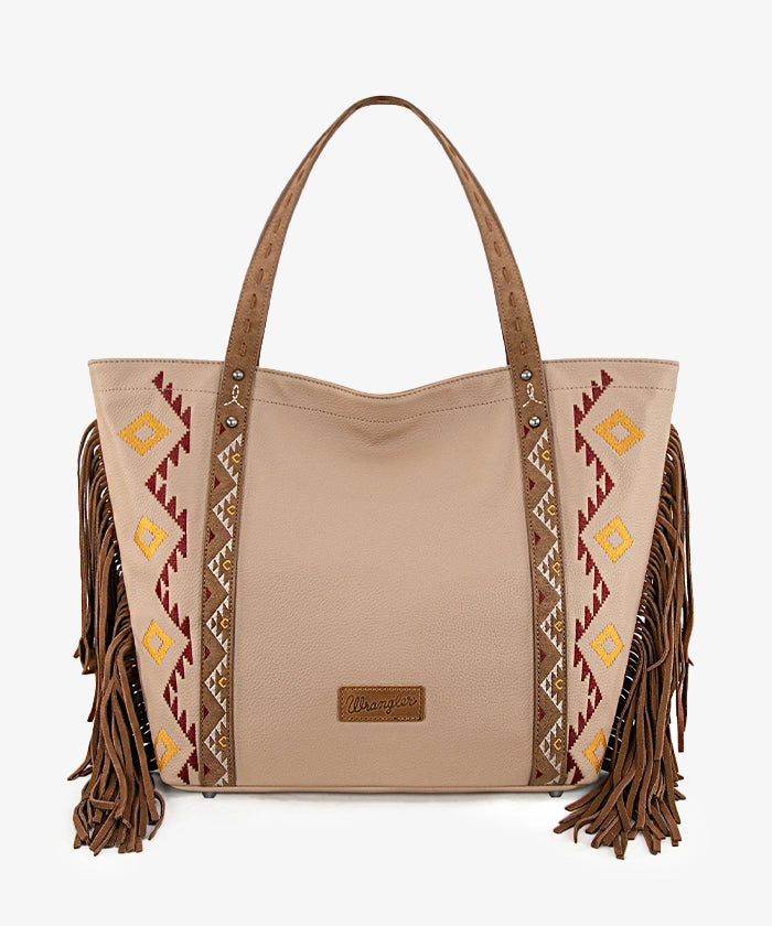 Wrangler Aztec Embroidered Fringe Wide Tote Bag for Women - Stylish Boho Shoulder Purse for Beach, Travel & Everyday Use