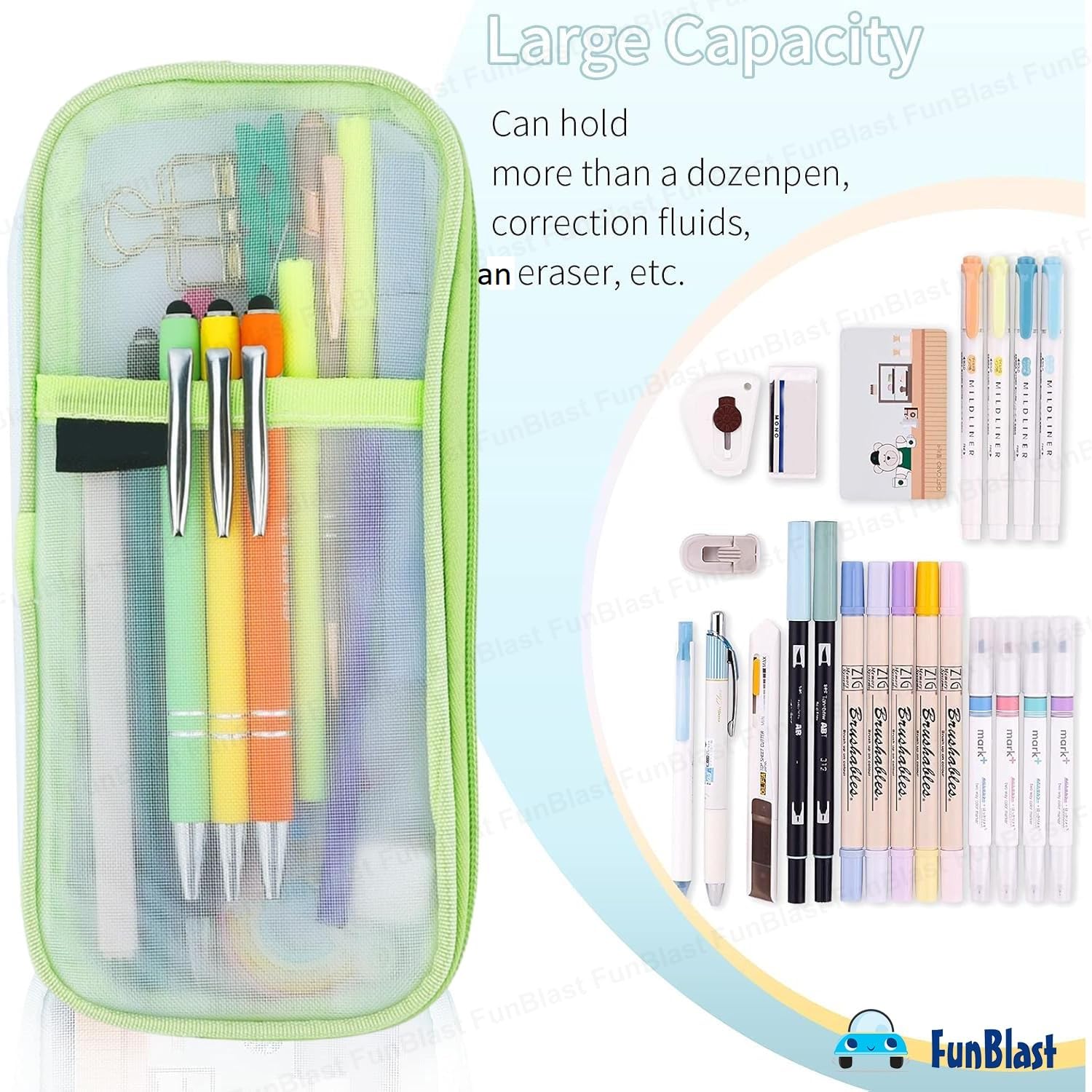 FunBlast Transparent Zipper Pencil Case - Large Capacity Clear Makeup Pouch for School, Office & Travel - Stationery Organizer for Pens, Pencils & Art Supplies (Green) - Perfect for Students, Artists & Professionals