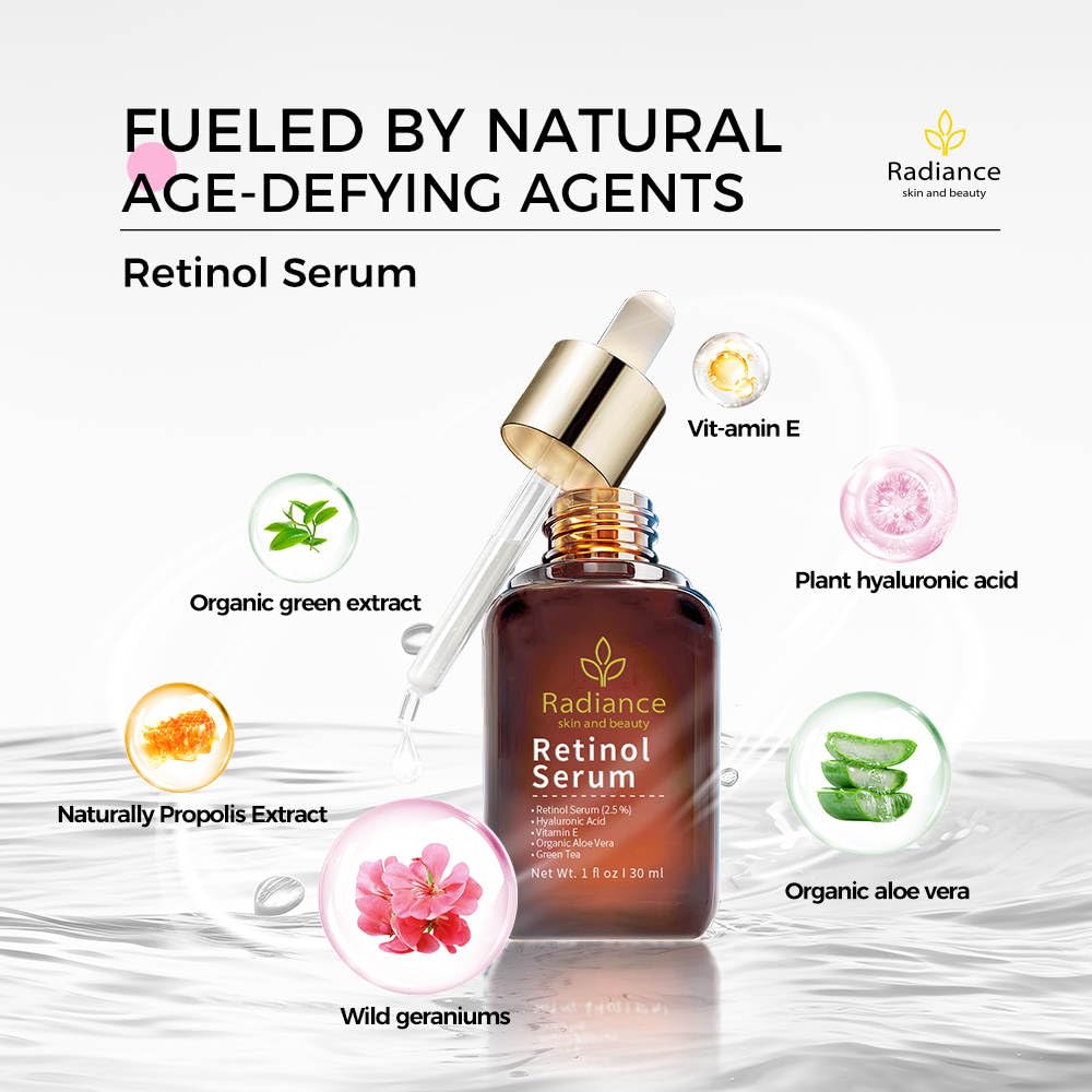 RADIANCE Retinol Serum for Face - Vitamin E, Organic Jojoba Oil & Hyaluronic Acid - Anti-Aging, Wrinkle Reduction & Dark Spot Treatment - Smooths Fine Lines & Brightens Skin - 1 Oz Facial Serum for Night Routine & Daily Skincare
