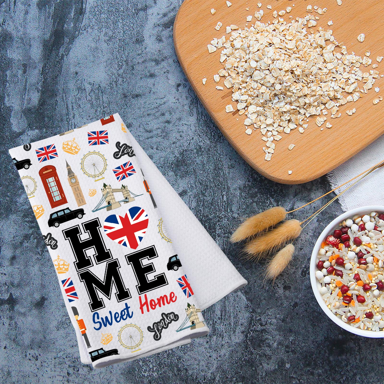 PWHAOO London Themed Kitchen Towel - Home Sweet Home Tea Towel with London Symbols, Perfect Gift for London Lovers - Ideal for Kitchen Decor, Tea Time & Housewarming Gifts