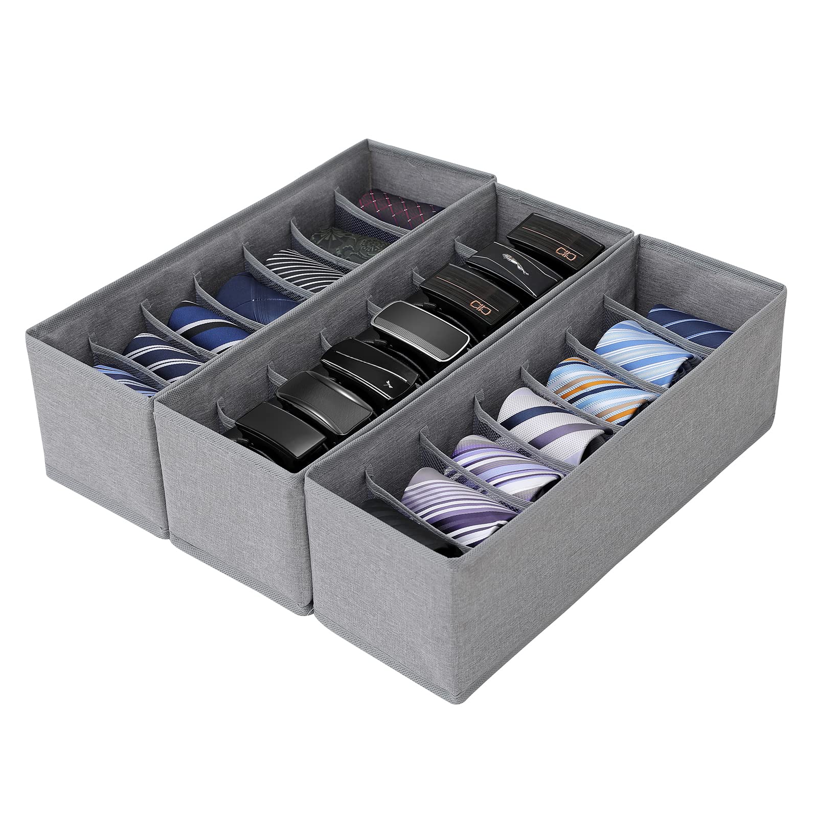 Qozary 3-Pack Fabric Belt Organizer - 7 Grids Foldable Tie Holder for Closet & Drawer Storage | Perfect for Travel, Office & Home Organization
