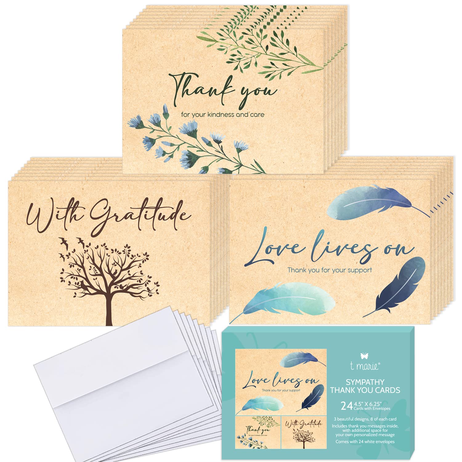 T MARIE 24-Pack Rustic Kraft Sympathy Thank You Cards with Envelopes - 4.5 x 6.25 Inch Memorial Bereavement Thank You Notes - Funeral Appreciation Cards for Condolences & Memorial Services
