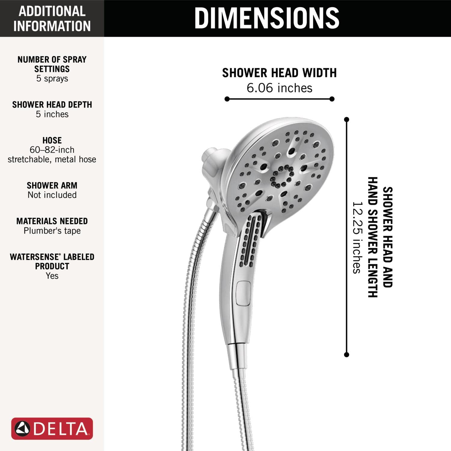 Delta Faucet 5-Spray In2ition 2-in-1 Dual Handheld Shower Head with Hose - H2Okinetic Technology & Magnetic Docking - Chrome Finish (58620-PR-PK) - Perfect for Bathroom Renovation & Spa-Like Shower Experience