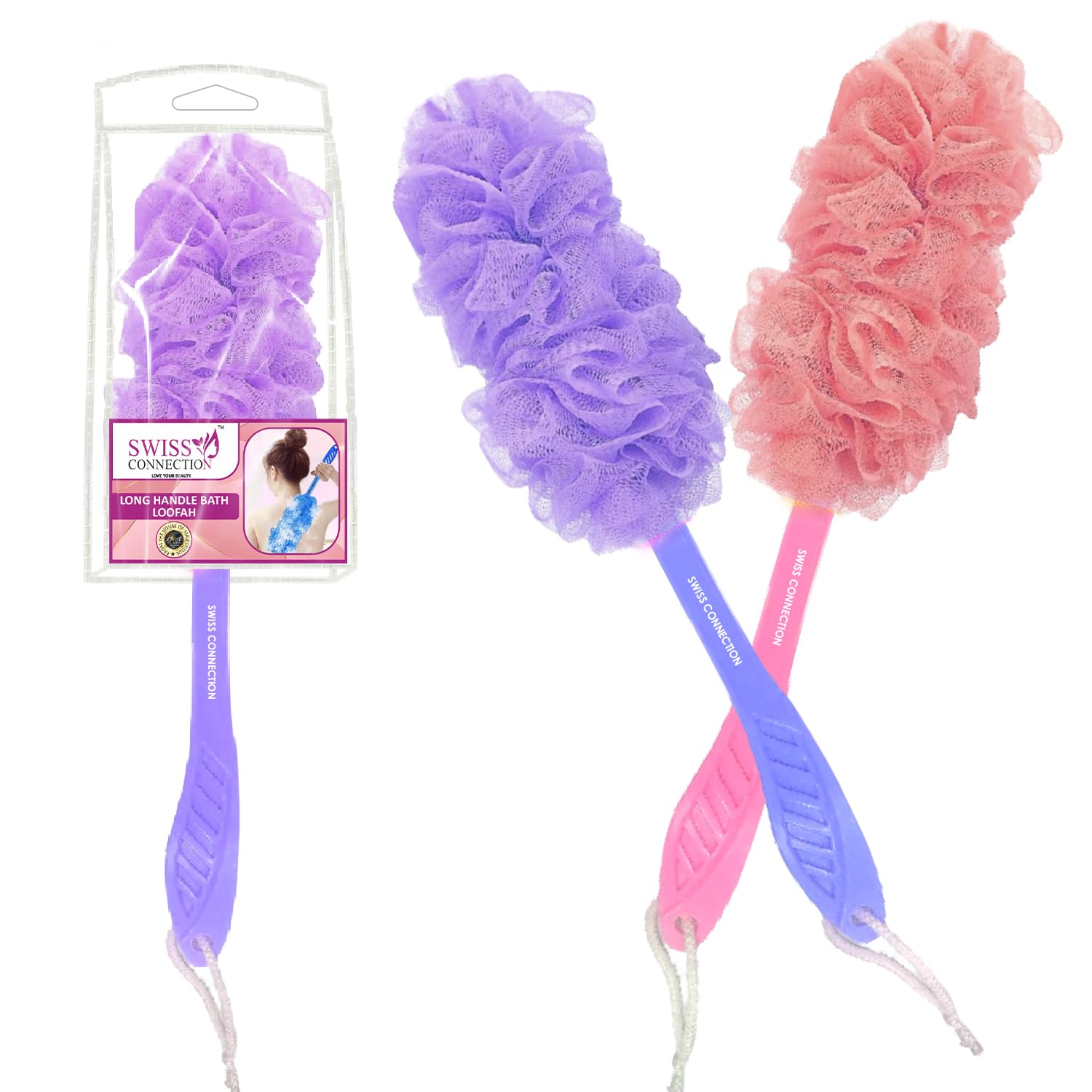 Swiss Connection Long Handle Loofah Back Scrubber - Gentle Exfoliating & Efficient Cleaning Bath Sponge for Men & Women - Easy to Clean, Multi-Color (Pack of 2) - Perfect for Shower, Spa, and Daily Body Care Routine