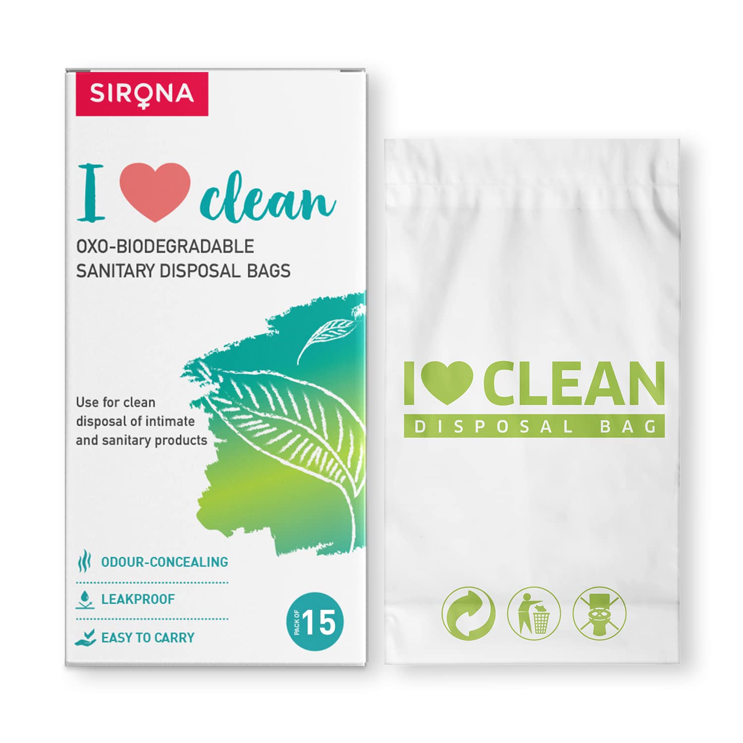Sirona Personal Disposal Bags - 15 Count Discreet Hygiene Waste Bags for Tampons, Sanitary Pads, Panty Liners & Condoms | Eco-Friendly Menstrual Care Products | Perfect for Travel, Gym & Public Restrooms