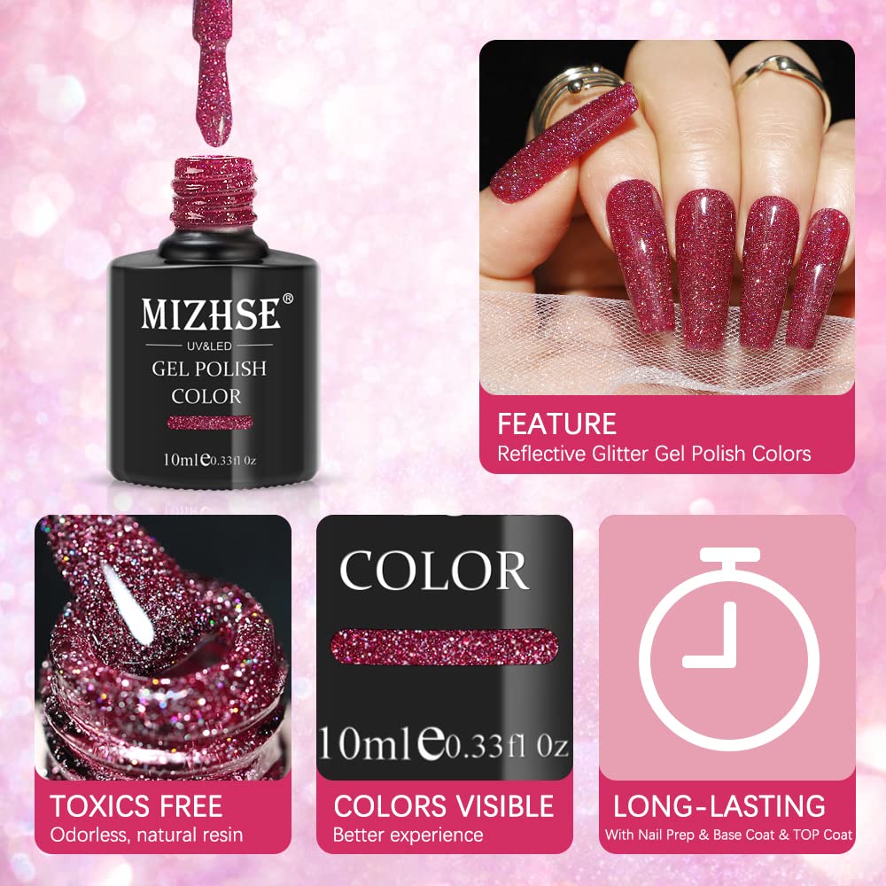 MIZHSE Reflective Rose Red Sparkling Glitter Gel Nail Polish - UV/LED Soak Off Diamond Shine Nail Art Gel (10ml) for Salon & Home Manicures
