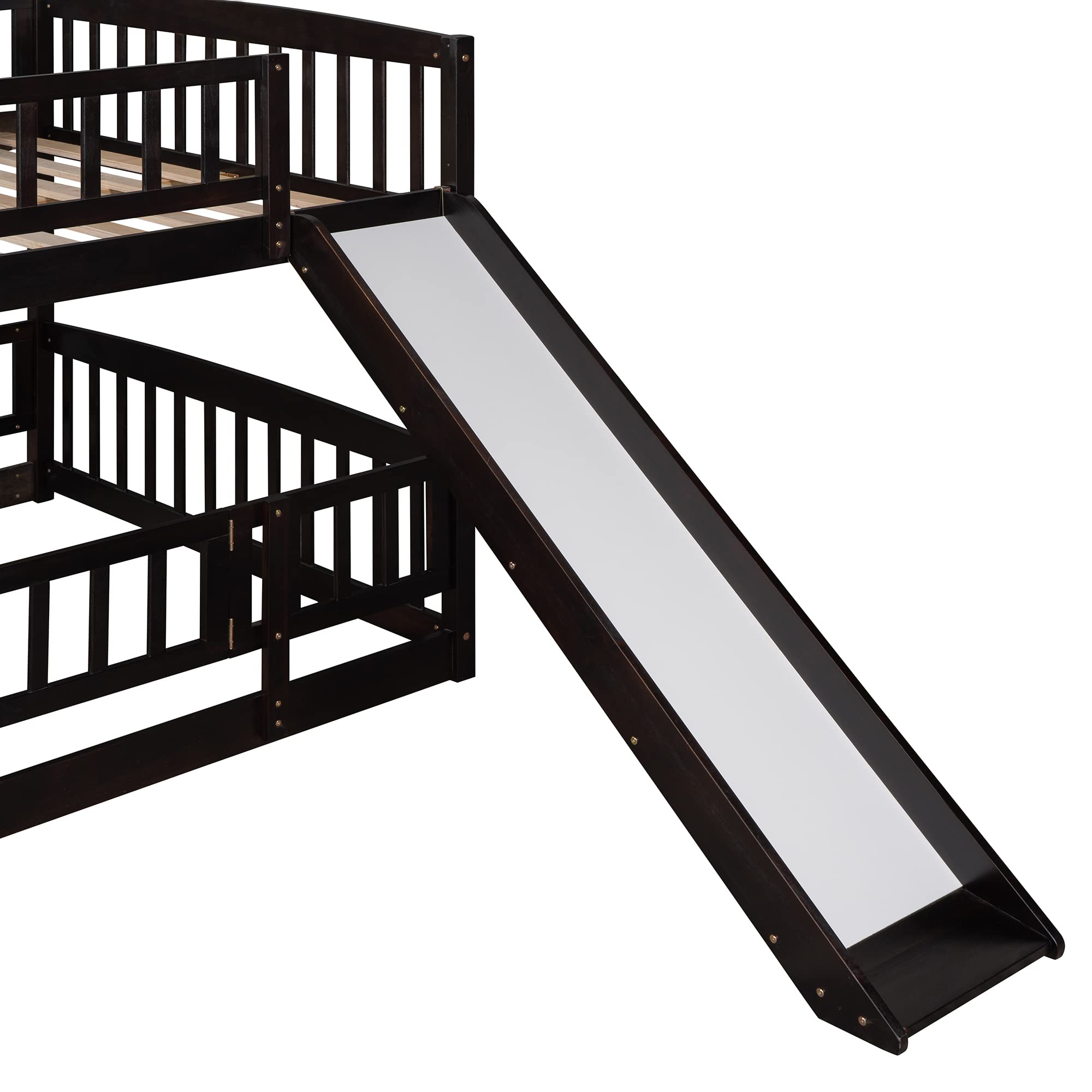 **Low Kids Bunk Bed with Slide - Full Over Full Toddler Bunk Bed Frame with Safety Fence, Ladder & Guardrail - Wooden Floor Bunk Bed with Fun Small Door for Toddlers, Kids & Teens (Espresso) - Perfect for Small Bedrooms, Playrooms & Shared Kids' Spaces**