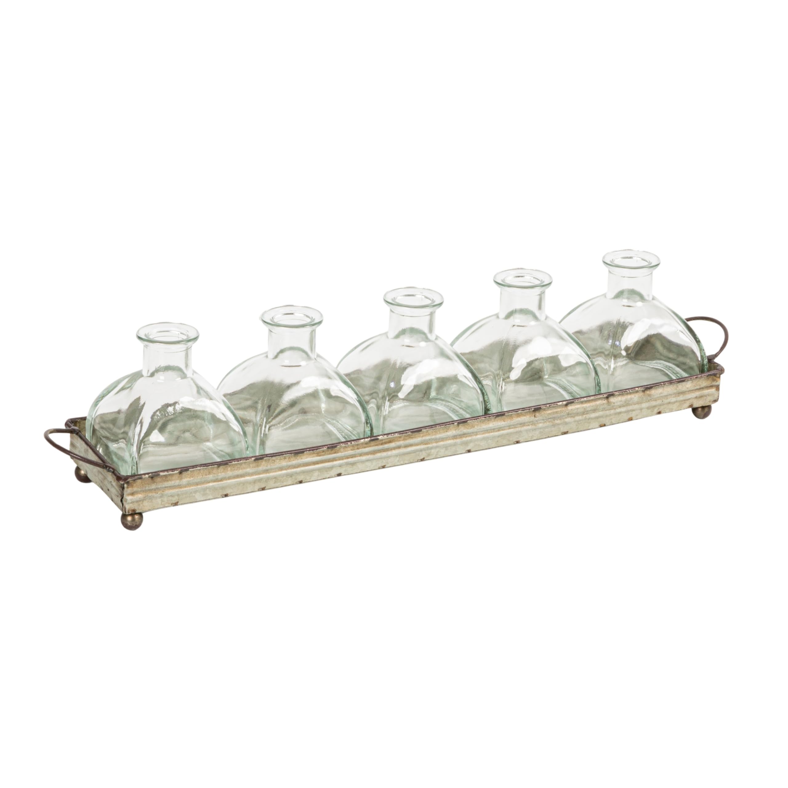 Decorative Iron Rectangle Serving Tray with Handles & 5 Glass Vases - Perfect for Dining Table Centerpiece, Wedding Decor, and Home Organization