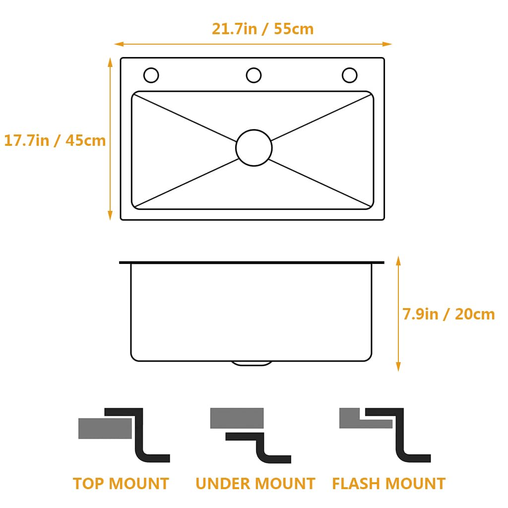Premium Black Stainless Steel Single Bowl Kitchen Sink - 21.7