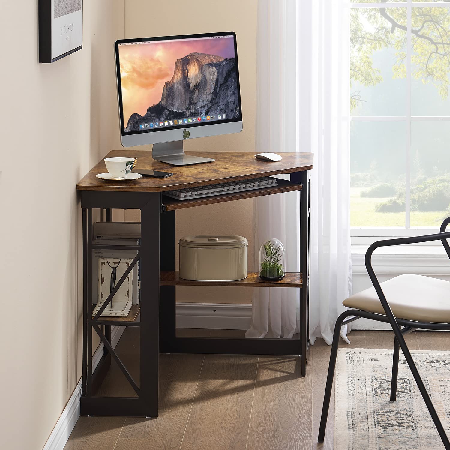 VECELO Corner Computer Desk with Keyboard Tray & Storage Shelves - Compact Home Office Writing Table in Antique Brown | Perfect for Small Spaces, Gaming Setup & Remote Work