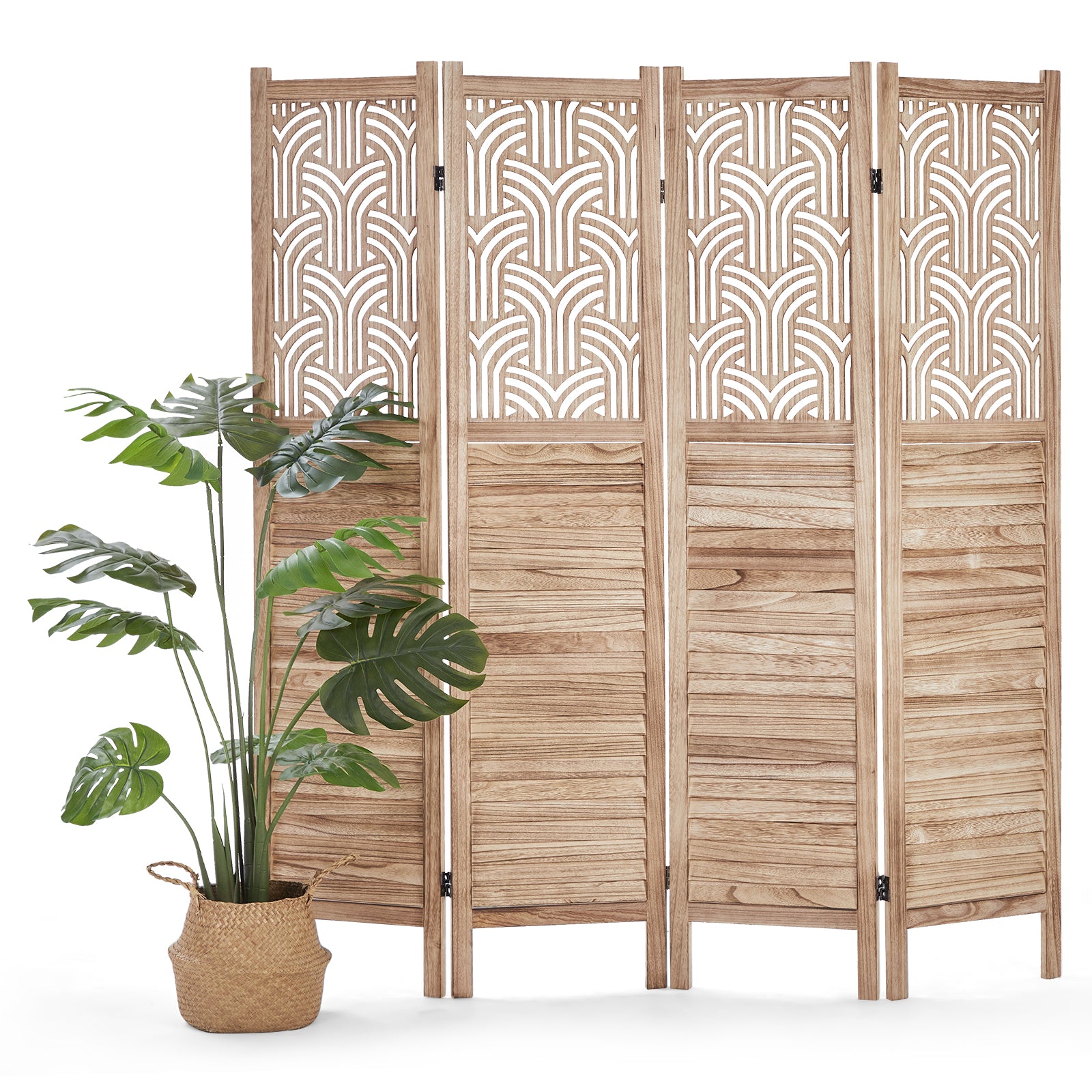 GARVEE 4 Panel Wooden Room Divider - 6 Ft Tall Freestanding Privacy Screen with Decorative Cutouts, Foldable Partition for Bedroom, Living Room & Office - Natural Finish | Perfect for Home Decor, Space Division & Room Privacy