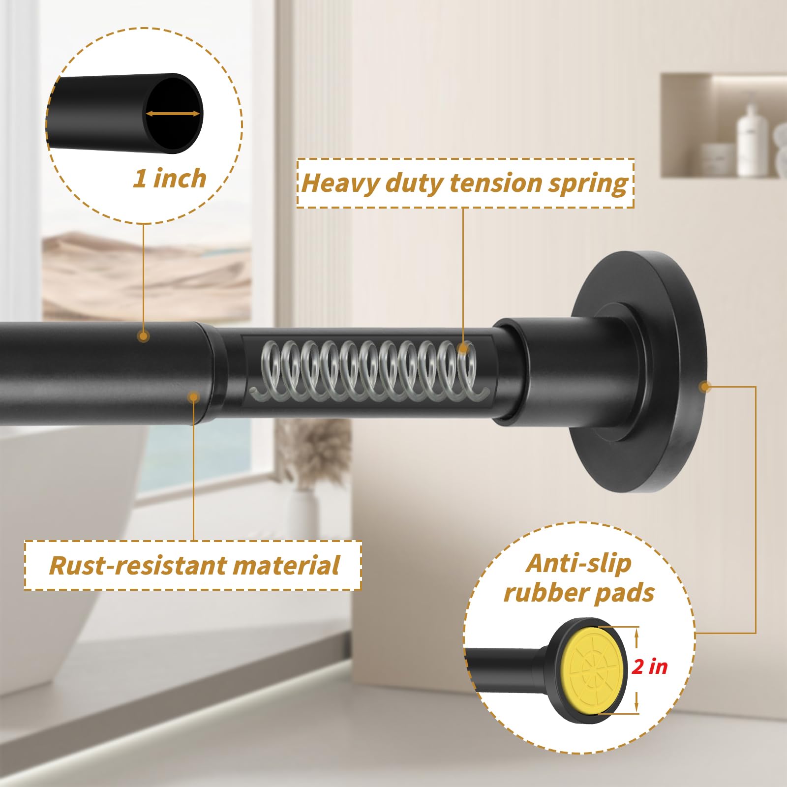 Adjustable Shower Curtain Rod 30-80 Inch - No Drill Rust-Resistant Spring Tension Rod with Holder for Bathroom - Perfect for Small Spaces & Rental Homes