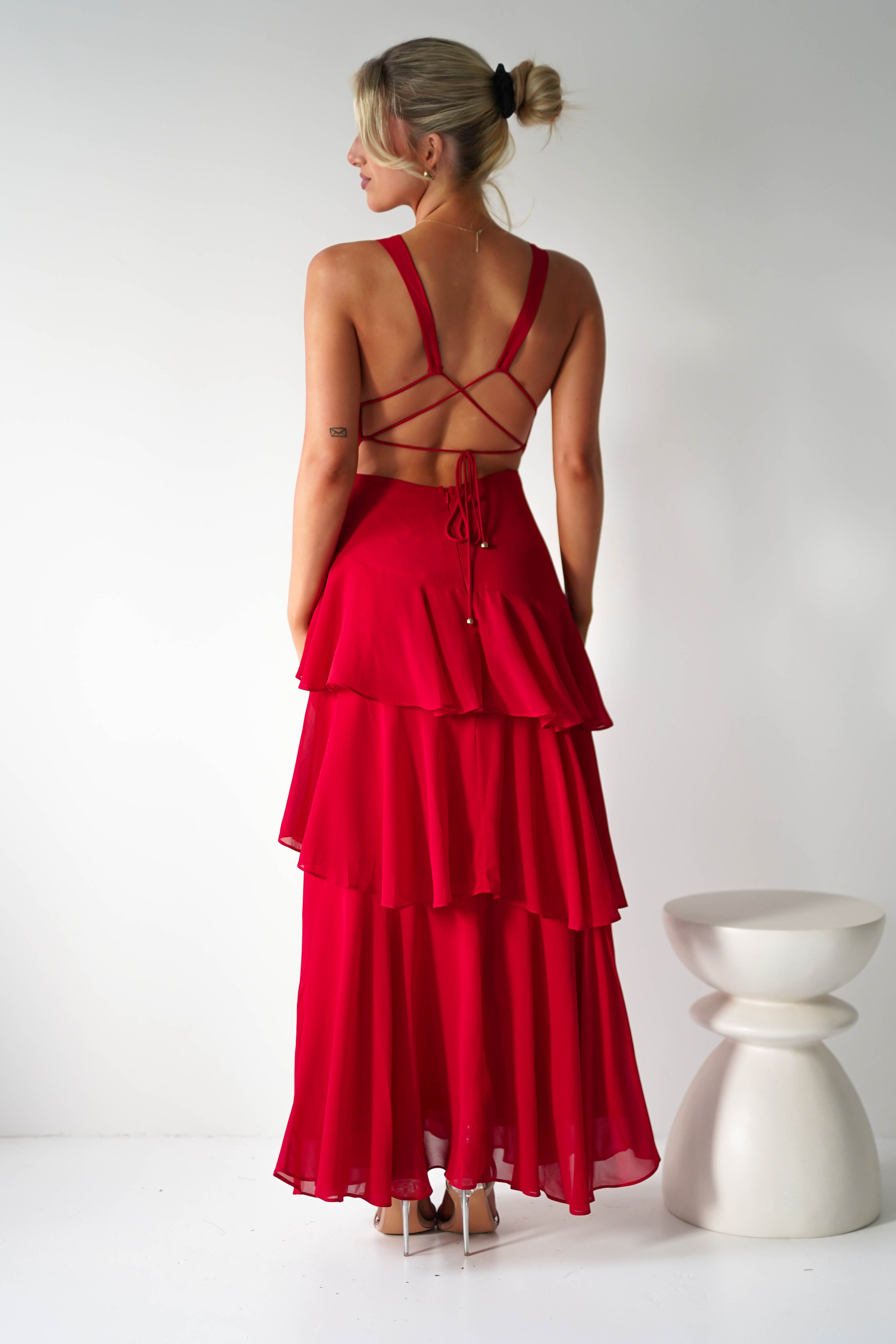 Andalusia Ruffle Maxi Dress for Women - Flowy Long Summer Dress with Ruffles in Vibrant Red | Perfect for Beach Vacations, Date Nights & Special Occasions