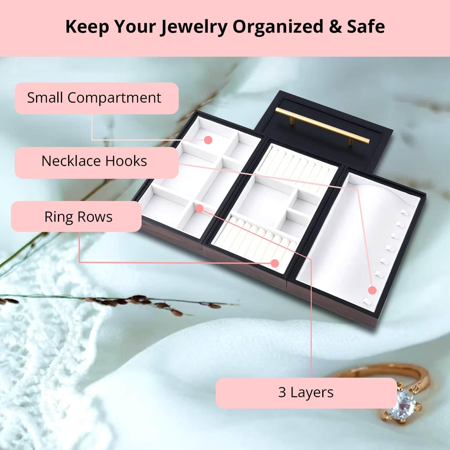 Brown Wooden Walnut Jewelry Organizer - 3-Tier Faux Leather Ring & Necklace Storage Box - Perfect for Home Decor, Bedroom Vanity, and Birthday Gifts