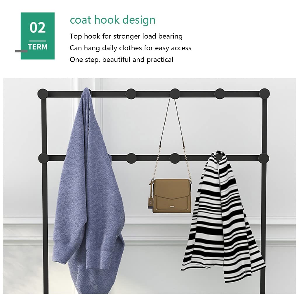 Black Wrought Iron Entryway Coat Rack with Shoe Bench - 2 Storage Shelves & Hooks for Jackets, Hats & Bags | Hall Tree Stand for Home, Bedroom & Clothing Store | Easy Assembly (160x35x175cm) | Perfect for Small Spaces & Organized Entryways