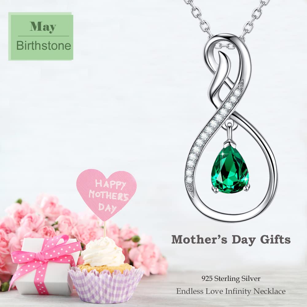 Forever Love Infinity Necklace for Women - April & May Birthstone Jewelry with Simulated Diamond & Emerald - 925 Sterling Silver Gift for Wife, Mom, Her - Perfect for Anniversaries, Valentine's Day & Special Occasions