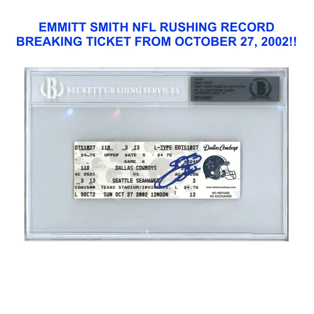 Emmitt Smith Signed Dallas Cowboys Rushing Record Breaking Game Ticket 10/27/02 - BAS 10 Authentic Autograph - Perfect for NFL Memorabilia Collectors and Cowboys Fans Display