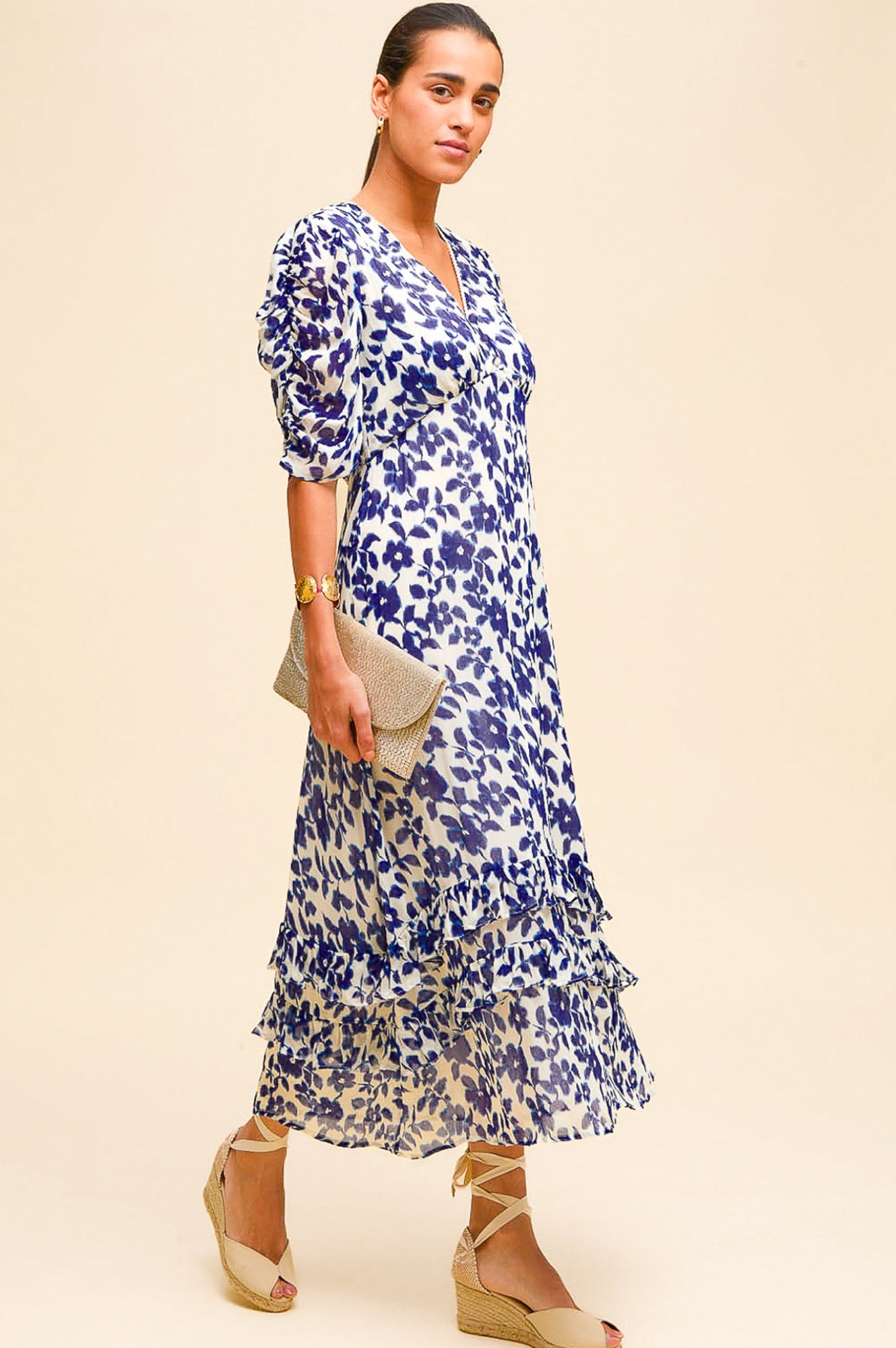 Ellery Floral Print Dress for Women - Blossom Cream & Navy Blue - Perfect for Spring Weddings, Garden Parties & Summer Outings
