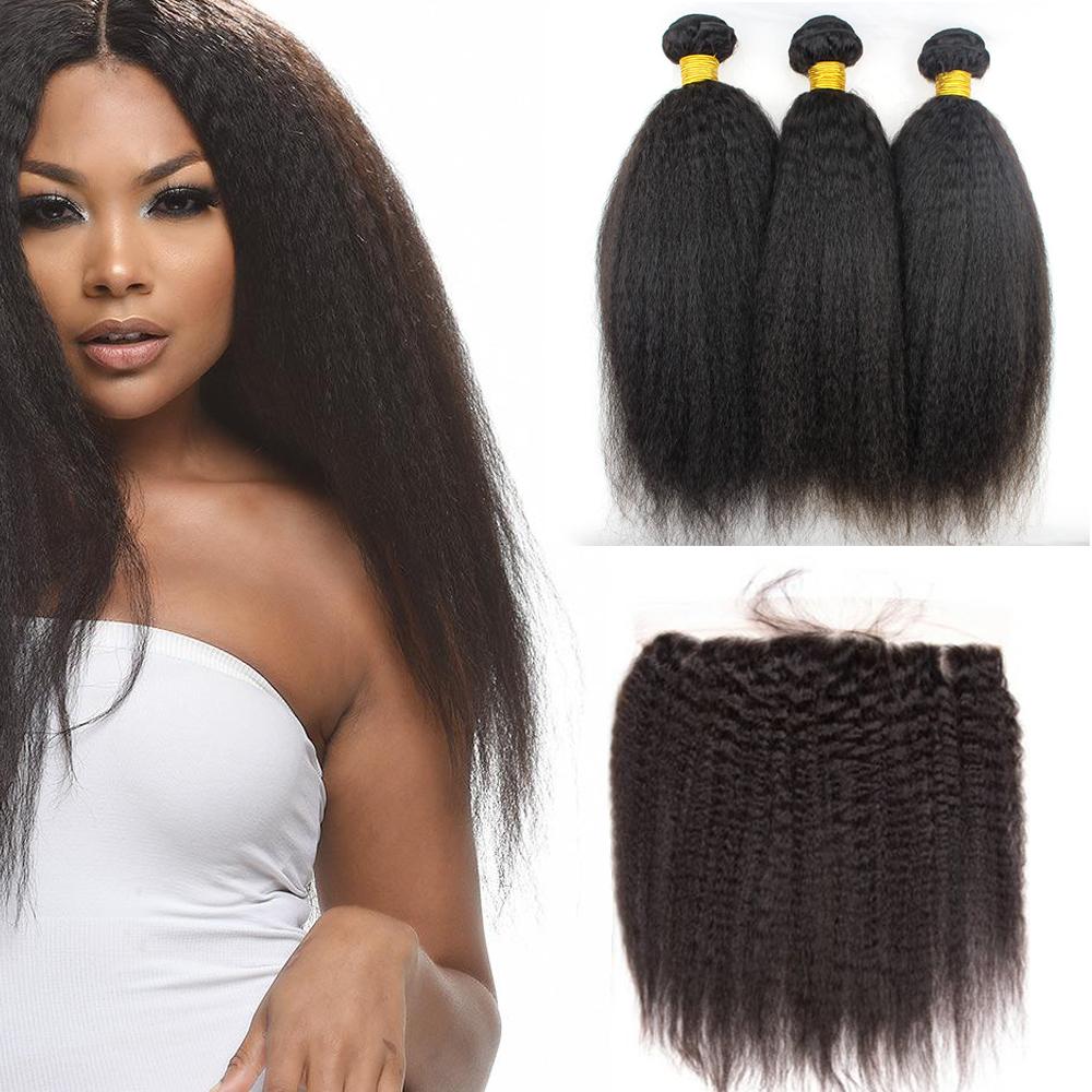 Virgin Human Hair Frontal Kinky Straight Bundle Deals - 100% Natural Black Hair Extensions for Styling & Protective Hairstyles